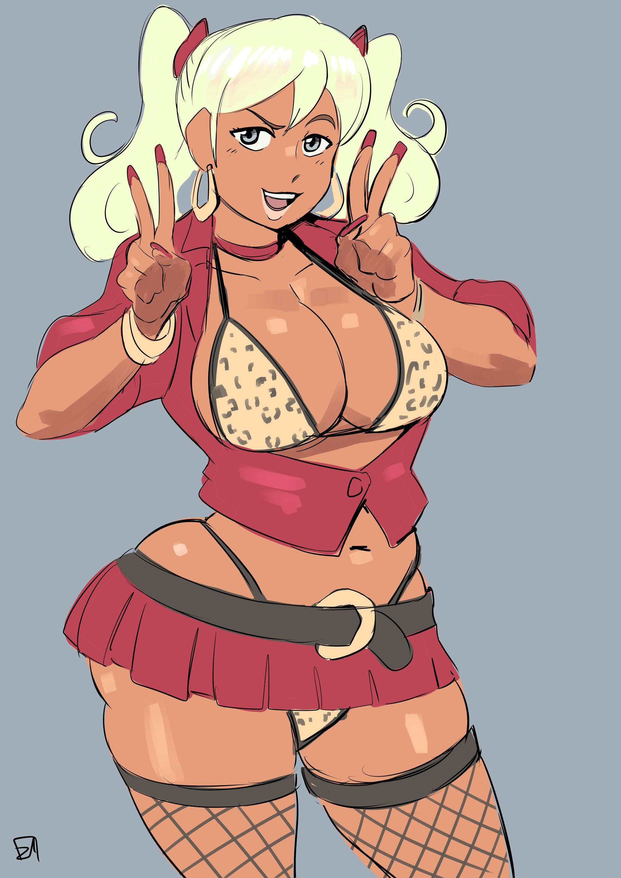 ass, blonde hair, breasts, cleavage, curvy, dark skin, female, female only, grey background, grey eyes, gyaru, large breasts, long hair, navel, original, original character, simple background, tako (zestysauce), thick thighs, twintails, wide hips, zestysauce