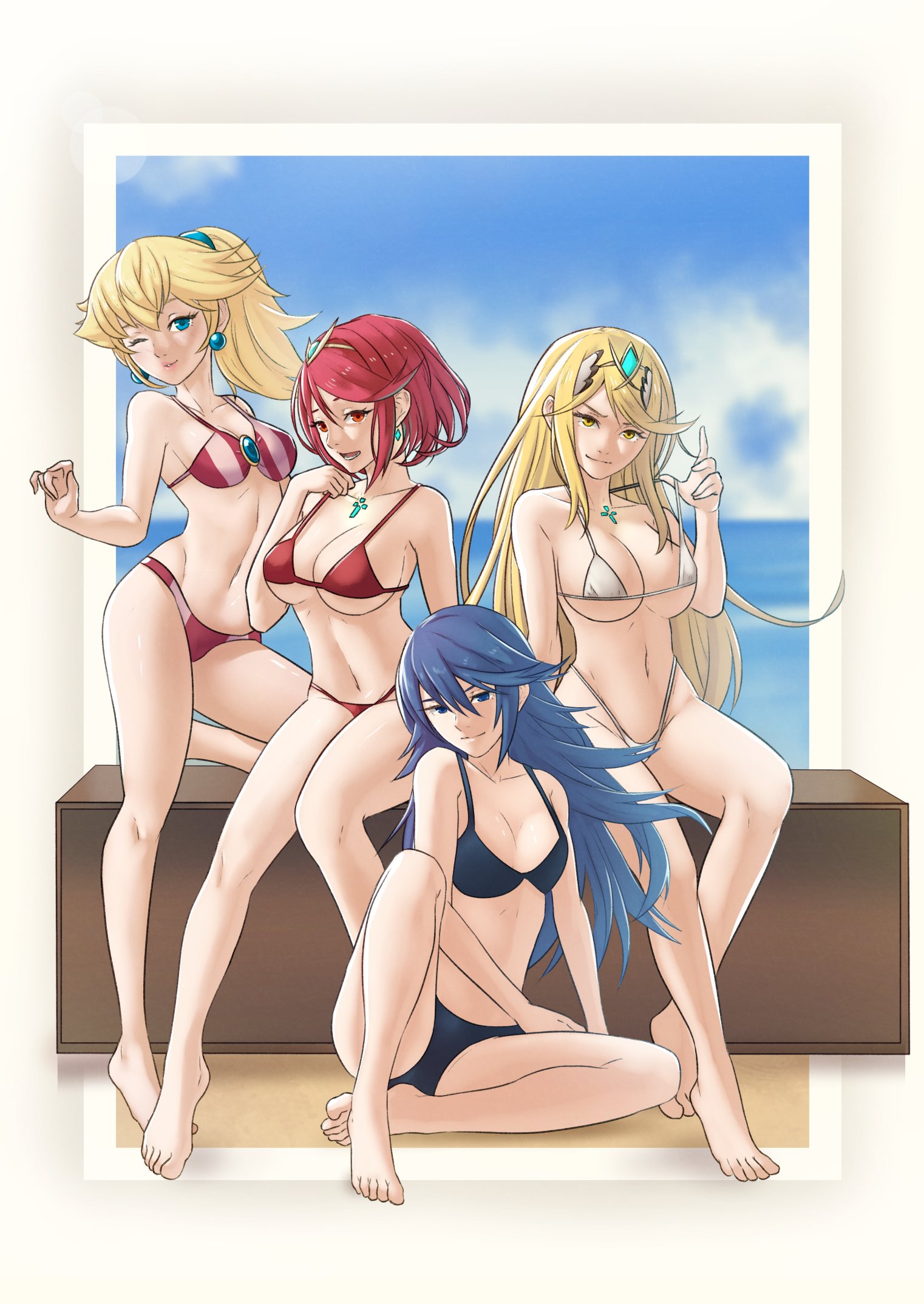 4girls, adjusting clothes, alternate costume, alternate hairstyle, bangs, bare legs, bare midriff, bare shoulders, barefoot, bikini, blonde hair, blue bikini, blue eyes, blue hair, blue swimsuit, breasts, chest jewel, cleavage, closed mouth, collarbone, crossover, earrings, female, female only, fire emblem, fire emblem awakening, full body, hair between eyes, hair ornament, highres, large breasts, legs, long hair, looking at viewer, lucina (fire emblem), mario (series), medium breasts, midriff, multiple females, multiple girls, mythra, navel, nintendo, open mouth, pink bikini, pink swimsuit, pomelomelon, ponytail, princess peach, pyra, red bikini, red eyes, red hair, red swimsuit, seductive, seductive smile, short hair, sideboob, sitting, small breasts, smile, smirk, smug, super smash bros., swept bangs, swimsuit, symbol-shaped pupils, thighs, two-tone bikini, underboob, very long hair, white bikini, white swimsuit, xenoblade (series), xenoblade chronicles 2, yellow eyes, yellow hair