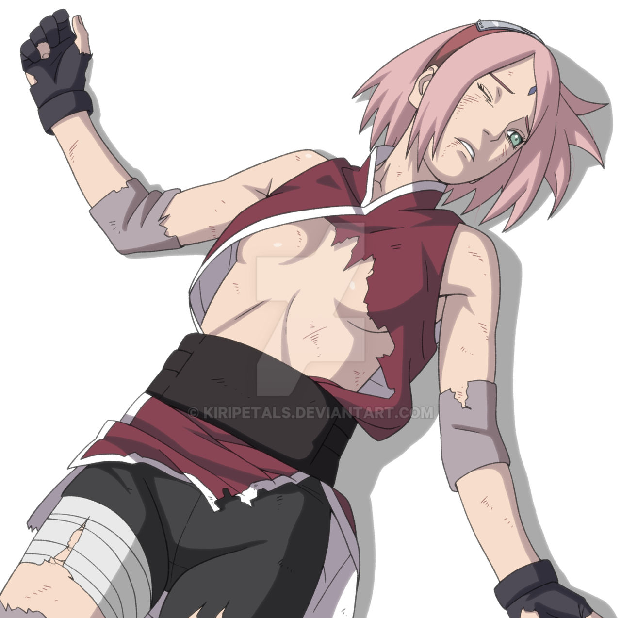 1girls, defeated, defeated heroine, female, green eyes, kiripetals, naruto (series), naruto: the last, one eye closed, pink hair, sakura haruno, short hair, small breasts, solo female, torn clothes, underboob