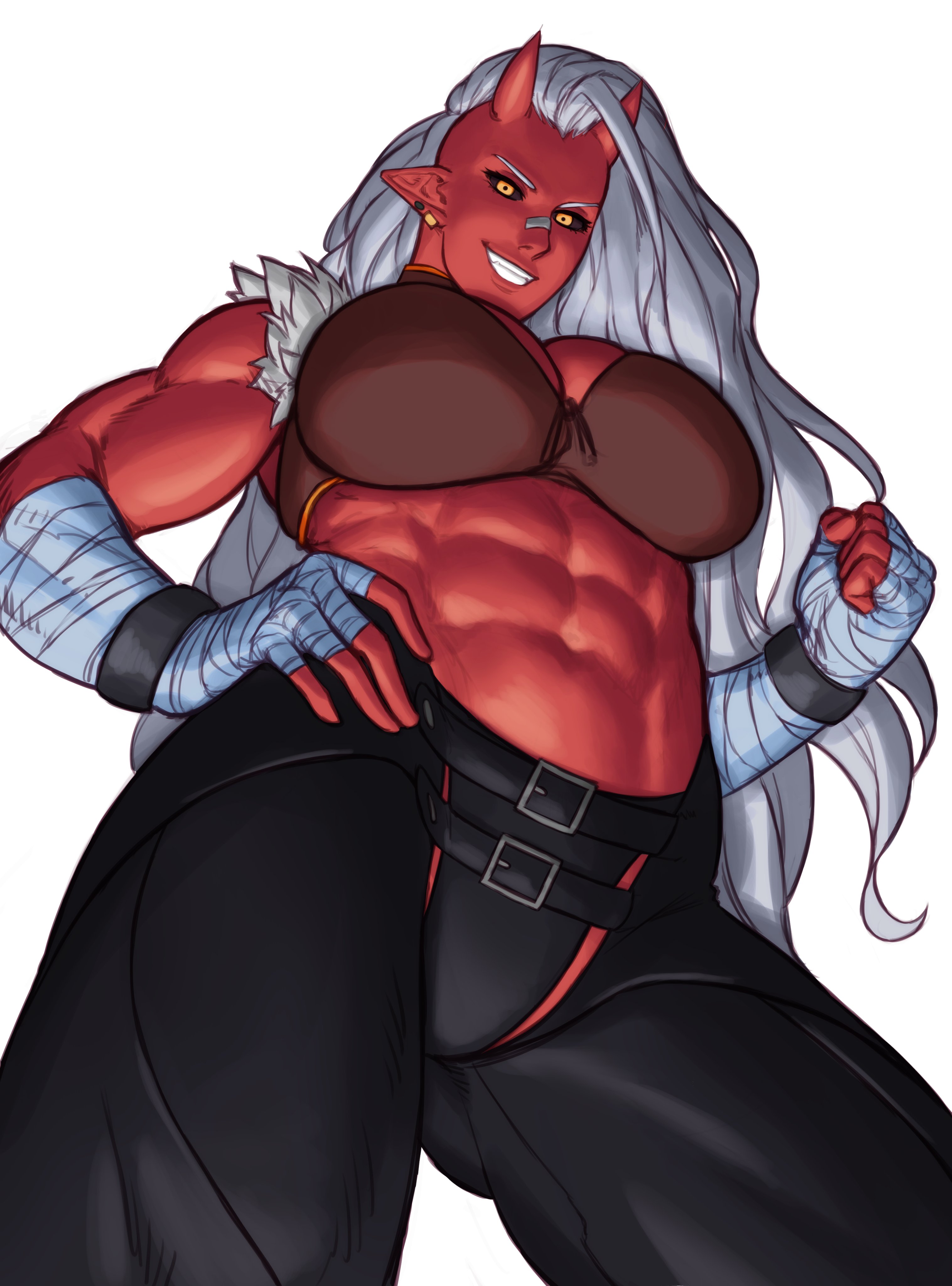 1girls, abs, absurd res, big breasts, black sclera, breasts, crotchless, female, female only, horns, long hair, looking at viewer, looking back, muscular, muscular female, oni, oni horns, pointy ears, red skin, red-skinned female, smiling, smiling at viewer, solo, sotcho, teeth showing, viewed from below, white background, white hair, wrapped hands, yellow eyes