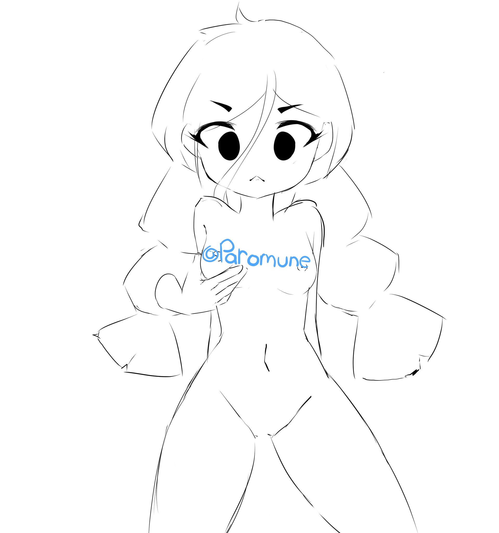 1girls, brawl stars, breast grab, breasts, female, flat chest, jessie (brawl stars), looking down, naked, nude, paromune, sketch, thick thighs