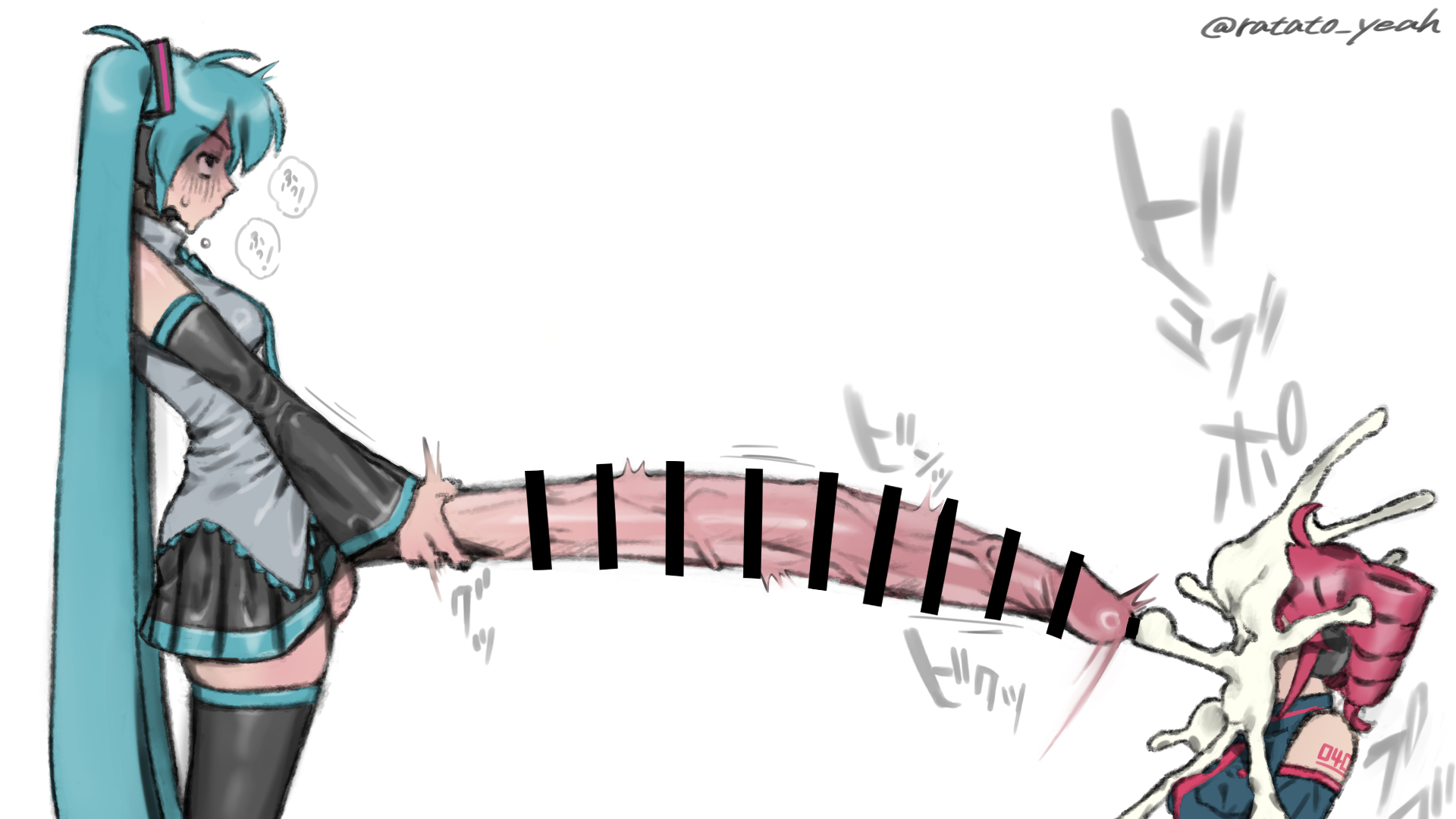 1futa, 1girls, artist name, artist request, ballsack, black eyes, bluish green hair, censor bar, censored, chimera, comically large penis, creamy cum, cum, cum on face, cum splash, cum splatter, cum splurt, cum spray, cumming, duo, ejaculating, ejaculating cum, ejaculation, excessive cum, extremely long penis, facial, fraud, futa, futa on female, futanari, futanari masturbation, hatsune miku, hatsune miku (original), hi, hyper, hyper penis, idol, japanese dialogue, japanese female, japanese text, kasane teto, kasane teto (utau), lesbian, long penis, masturbation, miku hatsune, money shot, no panties, onomatopoeia, penile masturbation, red hair, semen, semen on face, simple background, splash, splat, splurt, tagme, teto kasane, twindrills, twintails, twitter username, utau, veins, very long penis, vocaloid, white background, yuri