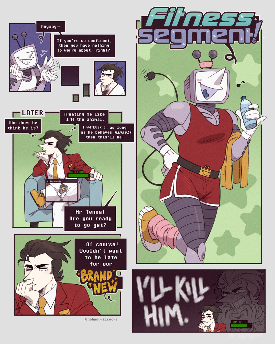 chastity cage, comic page, deltarune, gay, johnnywilcocks, spamtenna, spamton g spamton, tenna (deltarune), undertale (series), x-ray view, yaoi
