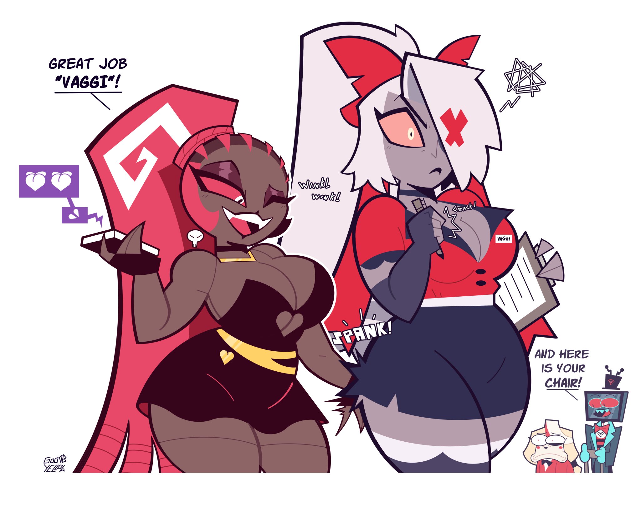1boy, 2026, 3girls, annoyed, ass, black lips, blonde hair, bow, breasts, charlie morningstar (hazbin hotel), choker, clipboard, clothing, cuck chair, demon, demon girl, dialogue, dress lift, earrings, eyepatch, fallen angel, fingerless gloves, goodbyellow, grey hair, grey skin, hazbin hotel, long hair, multiple girls, open mouth, pen, pencil skirt, phone, red eyes, red hair, sharp teeth, skirt, spanking, speech bubble, stockings, text, thick thighs, vaggi (hazbin hotel), vaggie (hazbin hotel), velvette, vivienne medrano, vox (hazbin hotel), white background, white skin, wink, yuri