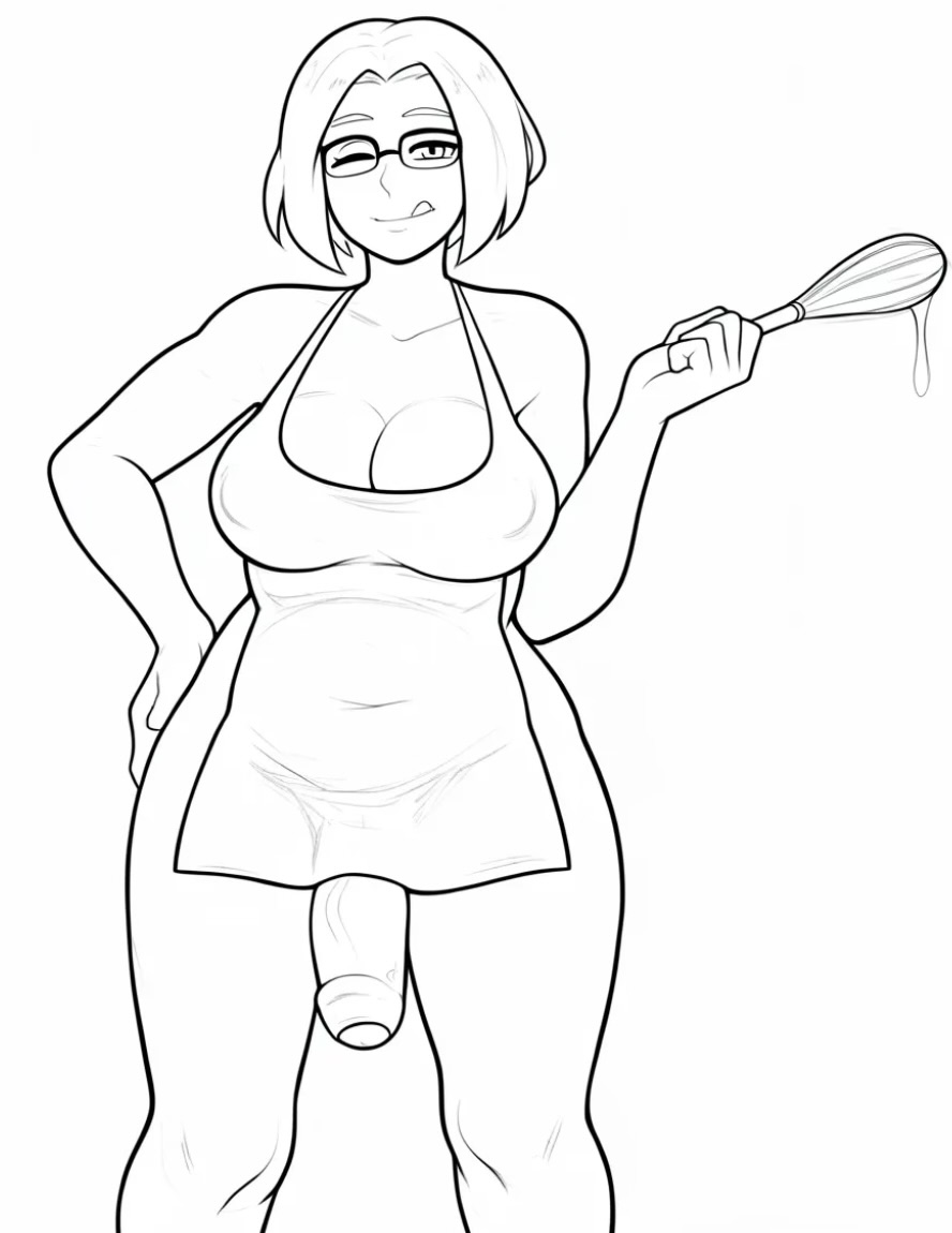 ai edit, bulge under clothes, coloring page, dross, futanari, glasses, large breasts, licking lips, milf, naked apron, penis peek, veiny penis