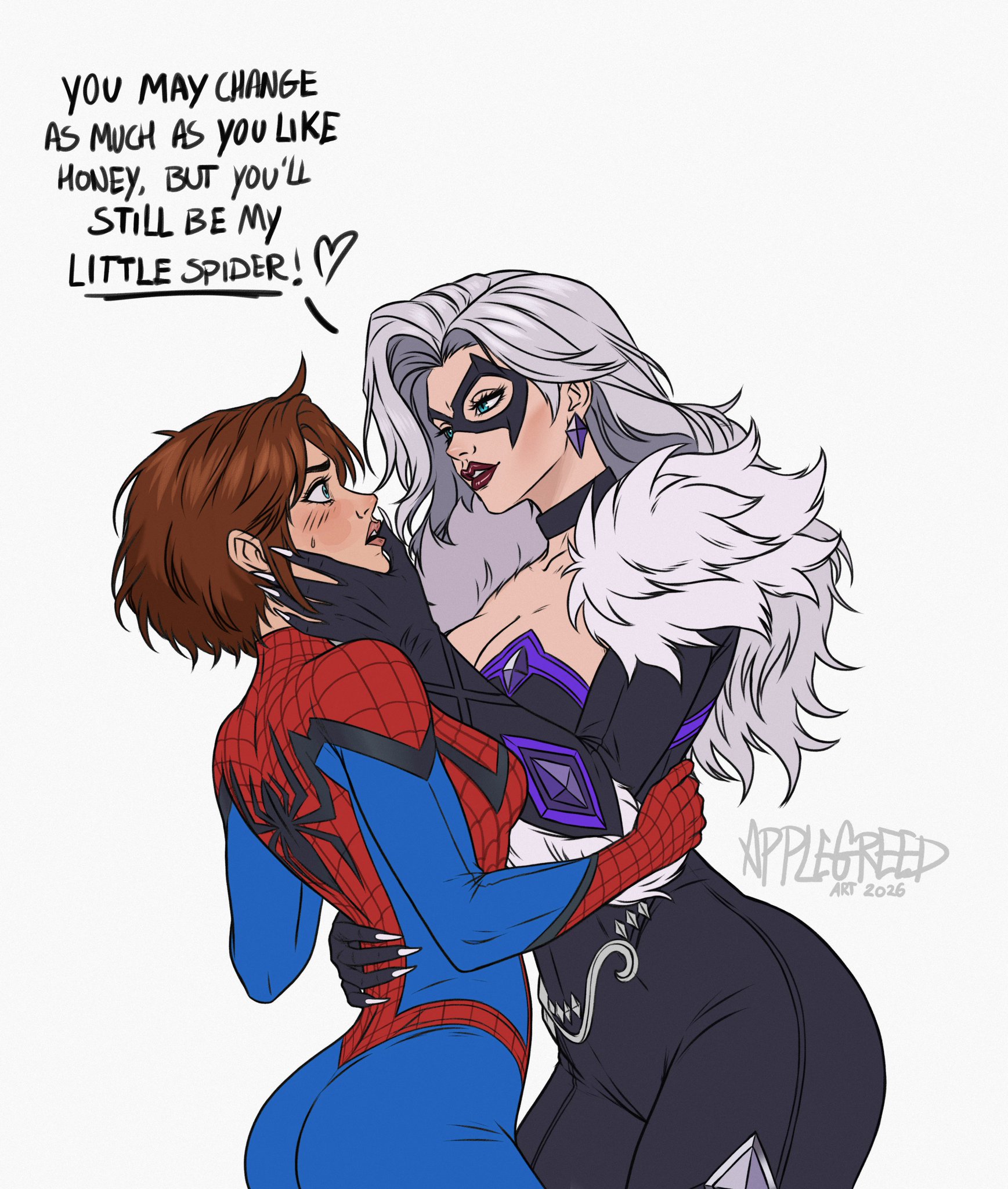 2026, 2d, 2girls, artist name, artist request, big breasts, bisexual, bisexual female, black cat (marvel rivals), black cat (marvel), breasts, cleavage, clothed, curvaceous, curvy, curvy figure, digital media (artwork), felicia hardy, female, fully clothed, genderswap (mtf), hips, hourglass figure, legs, light skin, light-skinned female, marvel, marvel comics, marvel rivals, mature, mature female, peter parker, petra parker, rule 63, slim waist, spider-man, spider-man (series), spider-woman, superhero costume, superheroine, thick, thick hips, thick legs, thick thighs, thighs, unknown artist, voluptuous, waist, white hair, wide hips, wide thighs, yuri