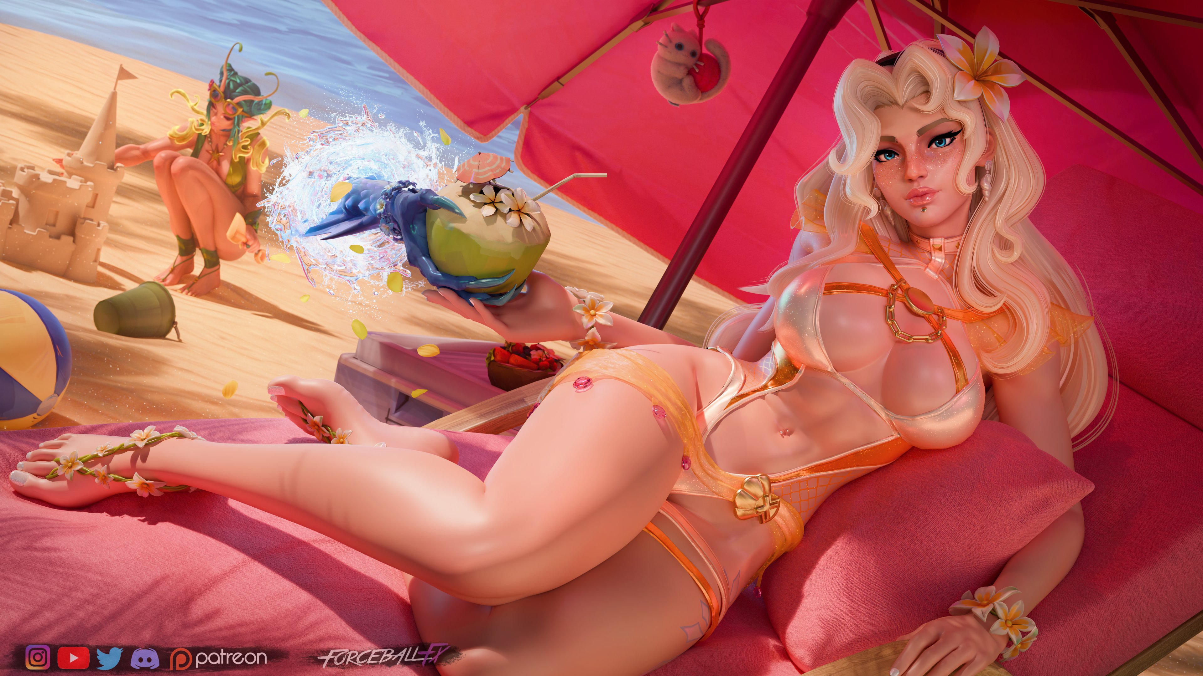 2girls, 3d, barefoot, beach, big ass, big breasts, blonde hair, cleavage, clothed, feet, female, female only, foot fetish, forceballfx, fully clothed, magik (illyana rasputin), magik (marvel rivals), magik (soul surfer), mantis (marvel rivals), mantis (marvel), mantis (oceanic harmony), marvel, marvel rivals, sand, sandcastle, thick thighs, x-men