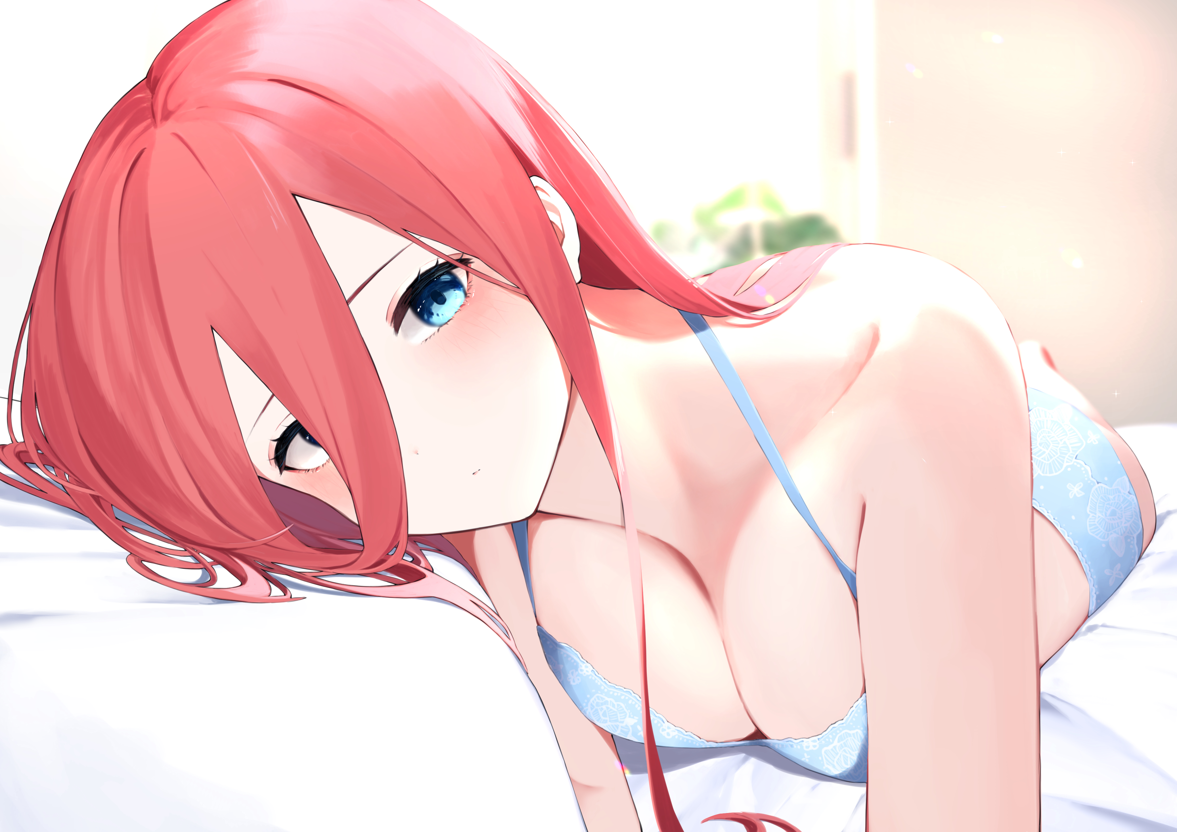 1girls, bare shoulders, big breasts, blue bra, blue eyes, blue panties, blush, bra, breasts, cleavage, collarbone, female, female only, go-toubun no hanayome, hair between eyes, highres, jun30409972, light skin, light-skinned female, long hair, looking at viewer, lying, nakano miku, panties, red hair, shy, solo, sunlight, underwear