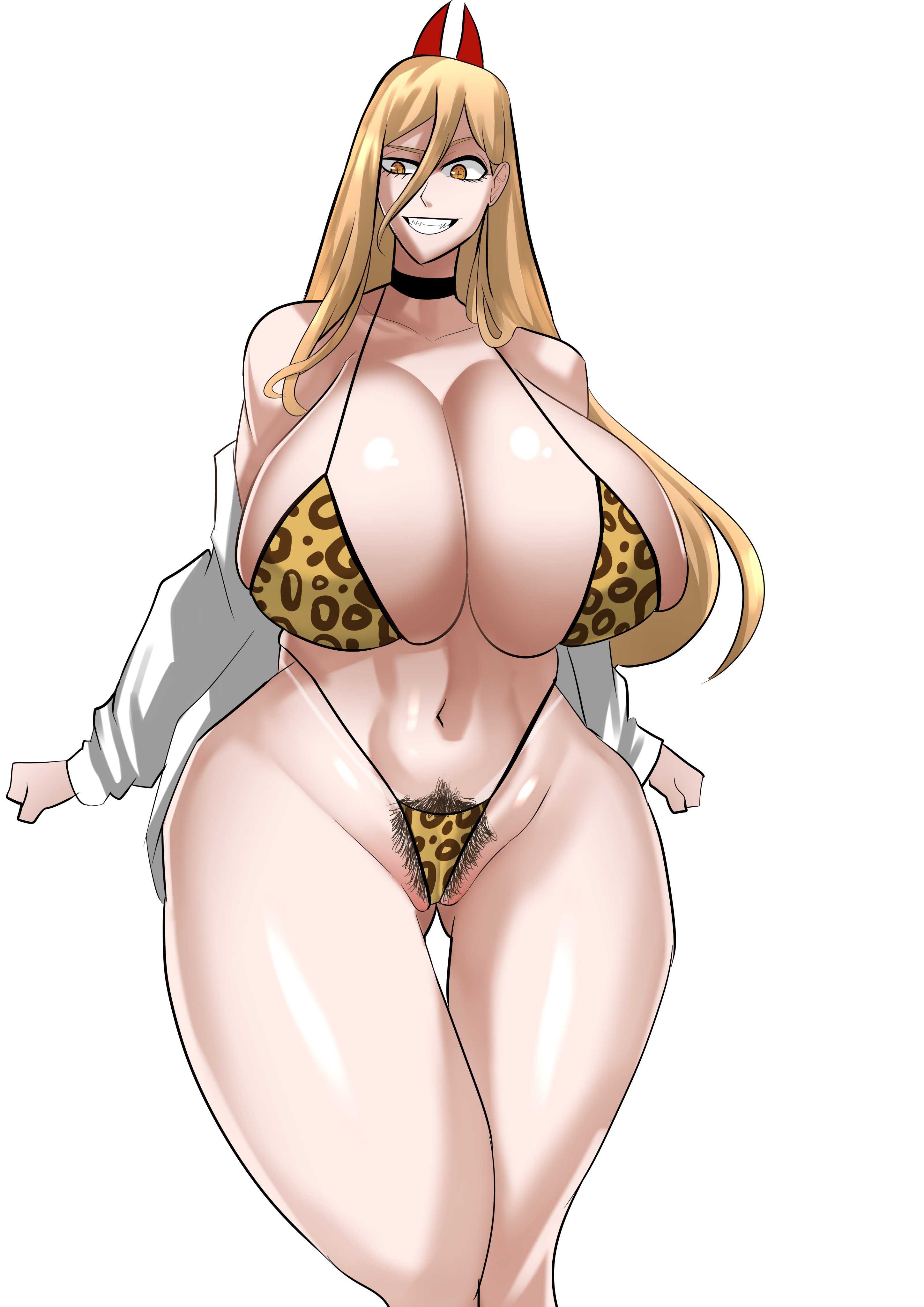1girls, big breasts, bikini, breasts, chainsaw man, demon, demon girl, demon horns, horns, huge breasts, humanoid, power (chainsaw man), sharp teeth, smile, solo, standing, teeth, venomarts00