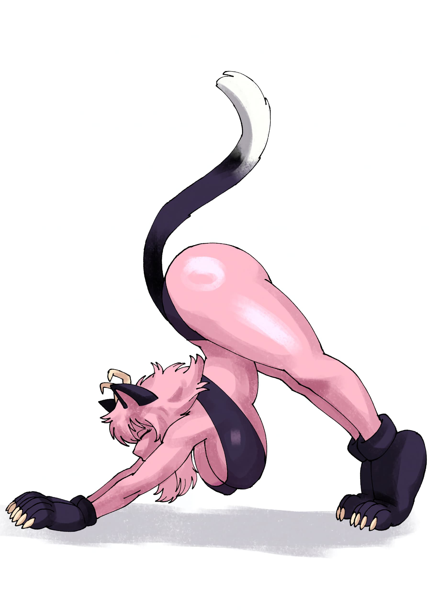 1girls, artist request, ass, boku no hero academia, breasts, cat ears, cat tail, female, female focus, female only, large breasts, mina ashido, my hero academia, solo, stretching, thick thighs, thighs, white background, wide hips