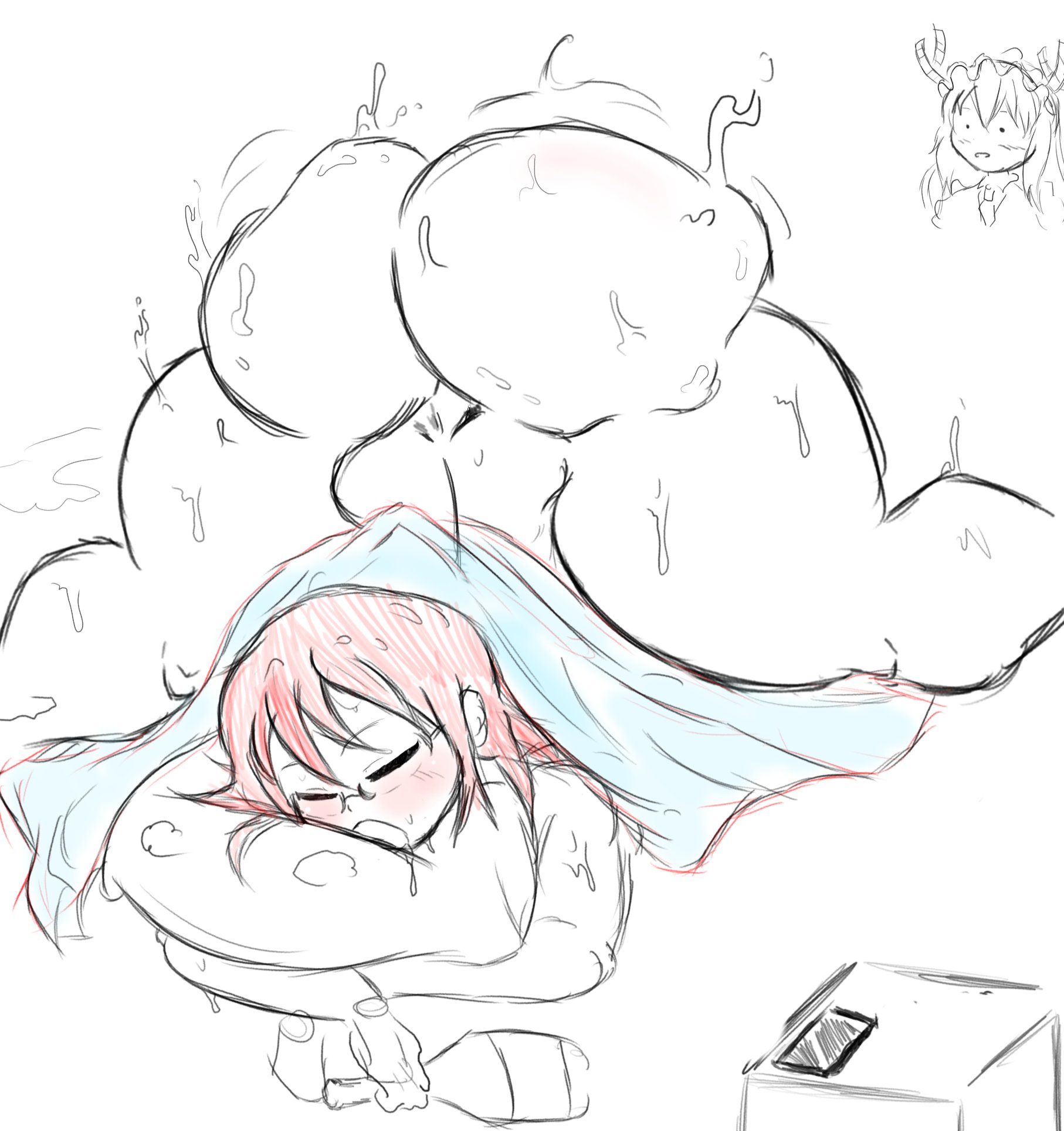 2girls, alcohol, ass, drunk, female, glasses, huge ass, kobayashi, miss kobayashi's dragon maid, mister artist, multiple females, multiple girls, naked, red hair, short hair, sleeping, sweat, tohru (dragon maid)