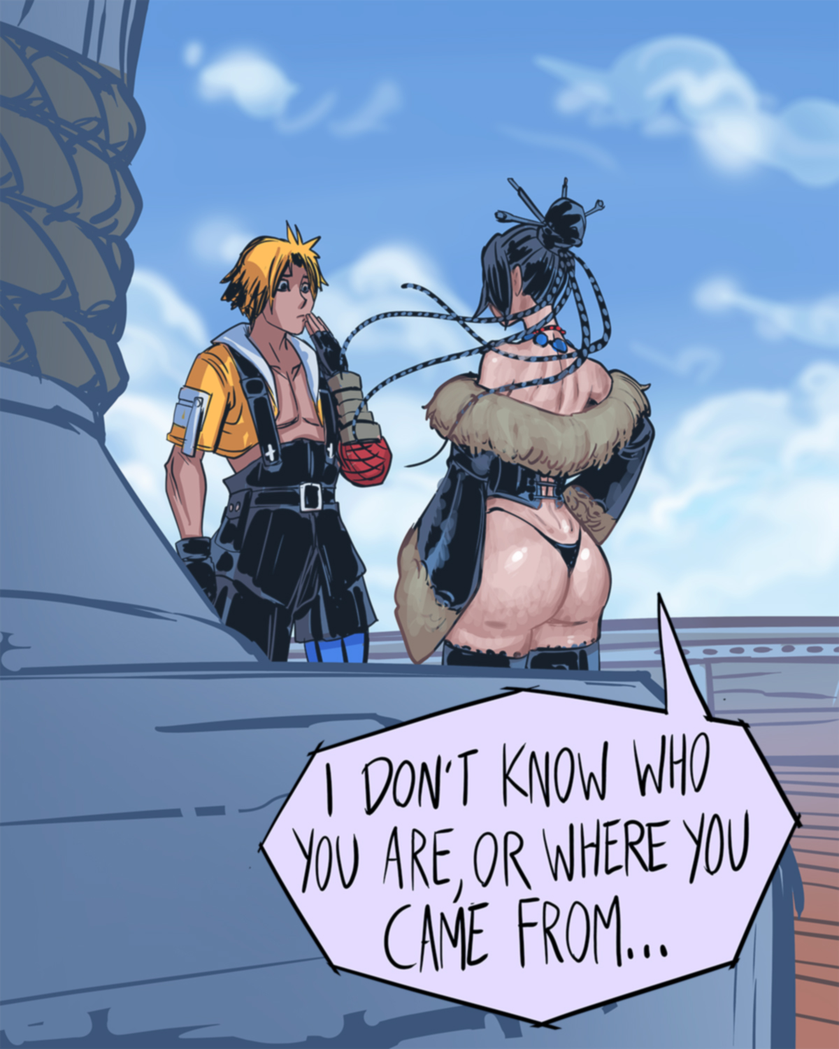 ass, ass focus, back view, black hair, braids, coat, davecavedraws, dialogue, final fantasy, final fantasy x, fluffy, large ass, lulu (final fantasy), no pants, panties, pantsless, small panties, thick thighs, thighhighs, thighs, tidus