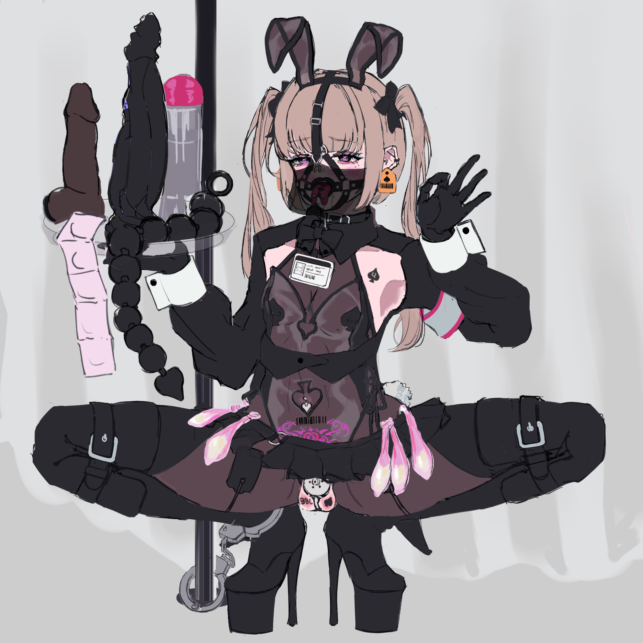 1boy, 2026, 2d, anal beads, artist request, barcode tattoo, beta of spades, black high heels, blacked, blacked clothing, bondage, bunny ears, bunny tail, bunnysuit, cattle tag, chastity cage, chastity device, choker, collar, condom belt, cuffed ankles, cuffs (clothing), dildo, femboy, femboy focus, flat chastity cage, flat chastity device, handcuffs, heart-shaped pupils, high heels, id card, jack of spades, legbinder, lube, male bitch, nose hook, ok sign, otoko no ko, otokonoko, piercings, qos, qos tattoo, queen of spades, queen of spades symbol, queen of spades tattoo, sex toys, sissy, solo, spade cutout, spade pasties, split tongue, stripper pole, tagme, tattoo, tattoo on balls, testicles, tongue piercing, transparent clothing, waiter tray, womb tattoo