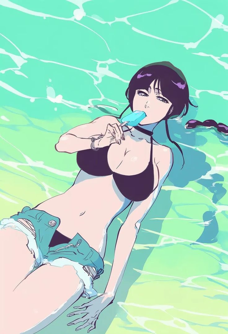 1girls artist_request big_breasts bikini bikini_bottom bikini_top black_hair bleach braid breasts busty curvy denim_shorts female female_only kurotsuchi_nemu lying_in_water open_shorts popsicle popsicle_in_mouth short_shorts shorts solo water