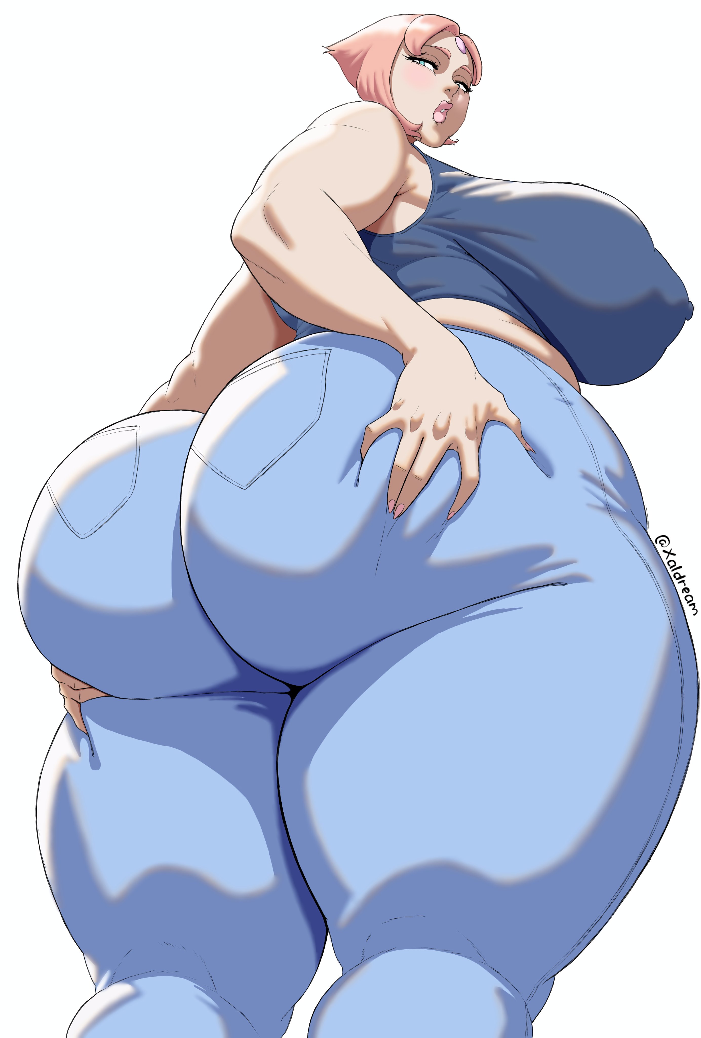 1girls, 2d, ass, breasts, breasts bigger than head, busty, cartoon network, clothed, clothed female, female, female only, jeans, looking back, pearl (steven universe), solo, solo female, steven universe, tagme, thick thighs, thighs, white background, white hair, white skin, xaldream