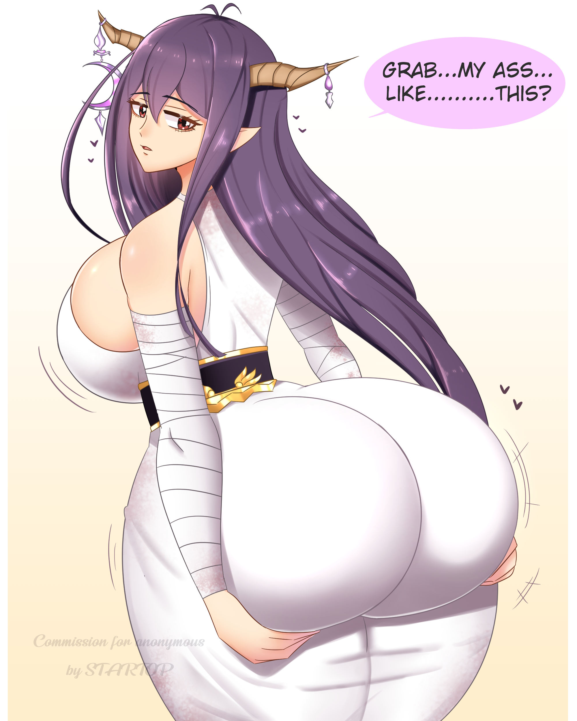 1girls, ass, ass grab, ass in dress, big ass, big breasts, breasts, bubble ass, bubble butt, danua, draph race (granblue fantasy), female, gigantic ass, granblue fantasy, hands on ass, horns, huge ass, open mouth, pointy ears, purple hair, red eyes, startop, thick ass