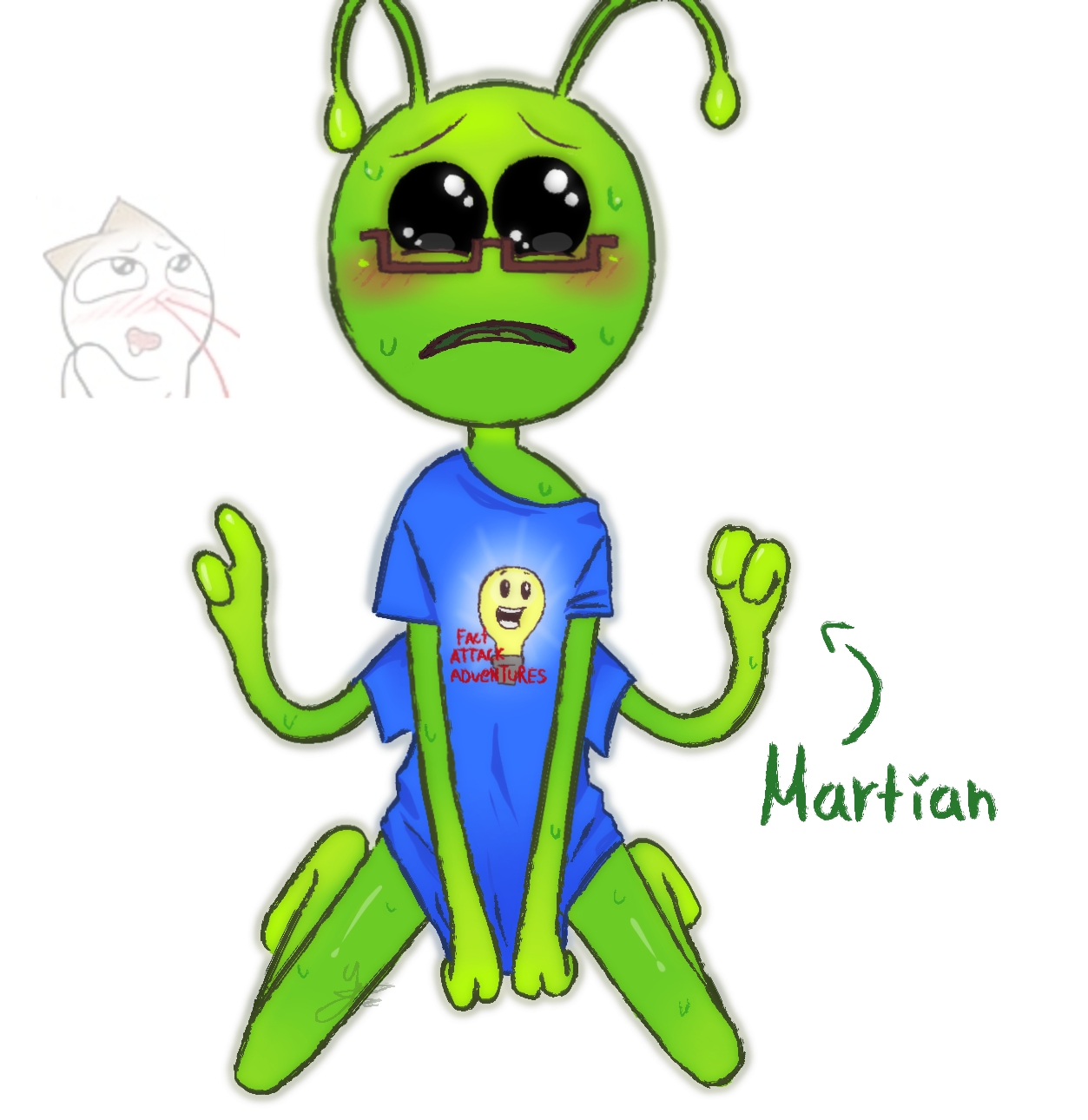1boy, alien, alien (fact attack adventures), antennae, antennae (anatomy), black eyes, blue shirt, blush, blushing, blushing at viewer, character name, clothing, covering crotch, digital media (artwork), directional arrow, fact attack adventures, four arms, gay, glistening, glistening eyes, green skin, green text, looking at viewer, male, male only, meme in the background, questionable consent, shirt only, shy, shy expression, skinny, solo focus, spread legs, squatting, sweat, sweatdrop, sweating, text