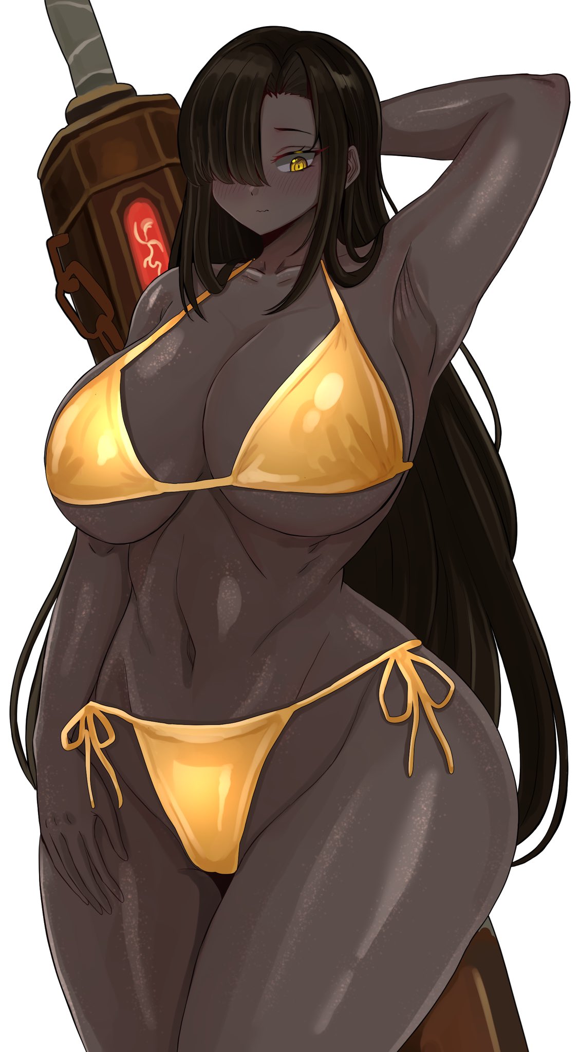 1girls, bbambi, big breasts, bikini, breasts, dark hair, dark skin, dark-skinned female, female, gold bikini, golden bikini, hair, hand behind head, limbus company, long hair, navel, project moon, sword, thick thighs, thighs, weapon, yellow eyes, zilu (limbus company)