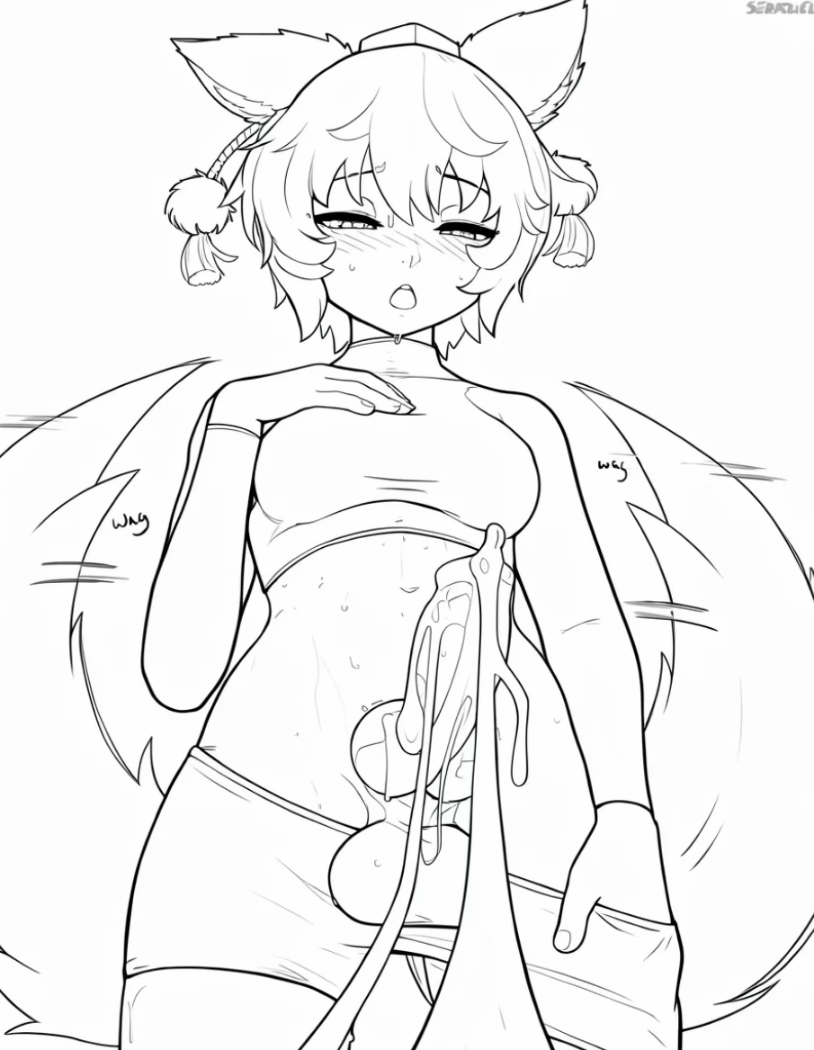 after oral, ai edit, animal genitalia, blushing, canine penis, coloring page, cum, fox girl, futanari, knot, momiji inubashiri, pants down, seraziel, tail wagging, taker pov, touhou