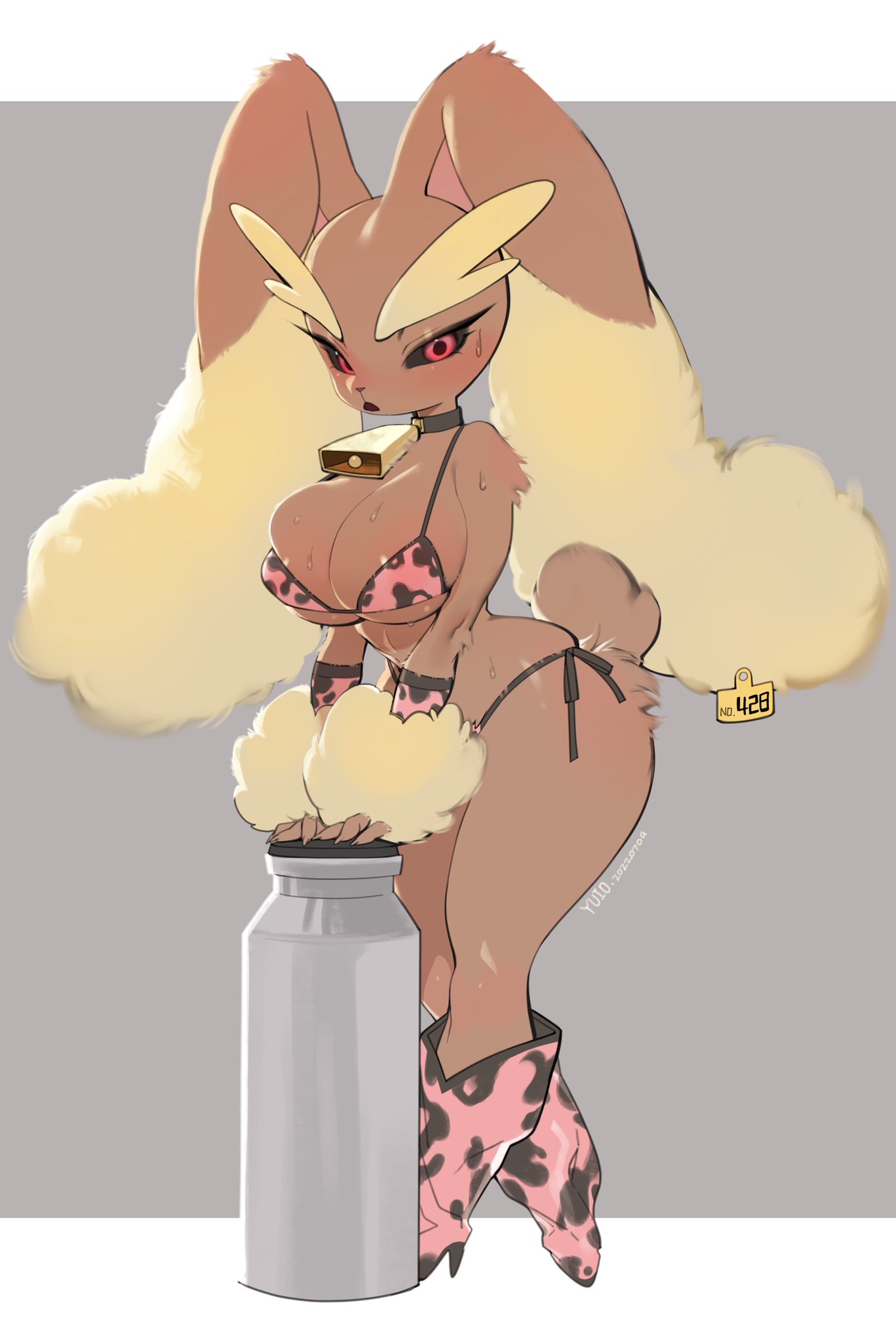 1girls, anthro, big breasts, bikini, breasts, brown hair, collar, cow print, cow tag, cowbell, female, female only, furry, hourglass figure, itsfuckingfurry, looking at viewer, lopunny, nintendo, pokémon (species), pokemon, pokemon (species), red eyes, sweat, sweatdrop, tagme, thick thighs, yuio
