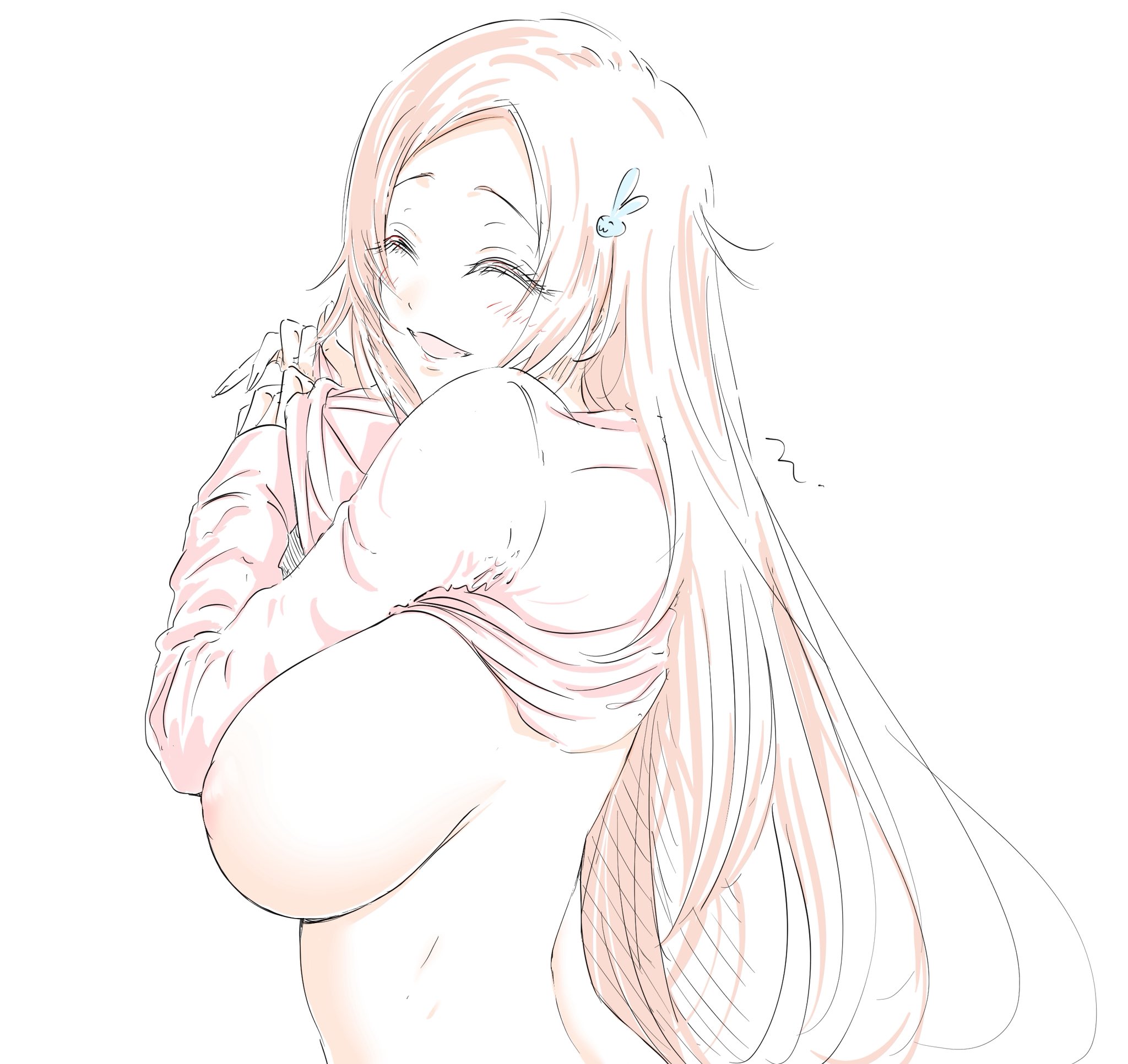 1girls, areolae, auburn hair, big breasts, bleach, bleach: the thousand-year blood war, breasts, breasts out, closed eyes, exposed breasts, female, female only, functionally nude, functionally nude female, happy, inoue orihime, long hair, mi (artist), nipples, shirt, shirt lift, smile, solo, white background, wholesome, wholesome nudity