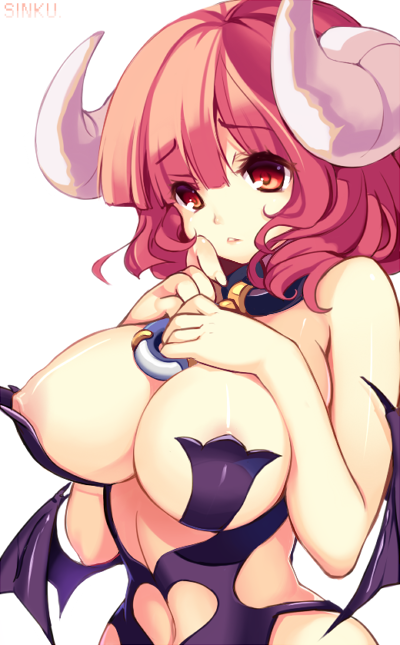 blush breasts demon demon_girl demon_horns embarrassed exposed_breasts exposed_nipples la_pucelle_tactics large_breasts nipples nippon_ichi_software overlord_priere priere sinku skimpy_clothes