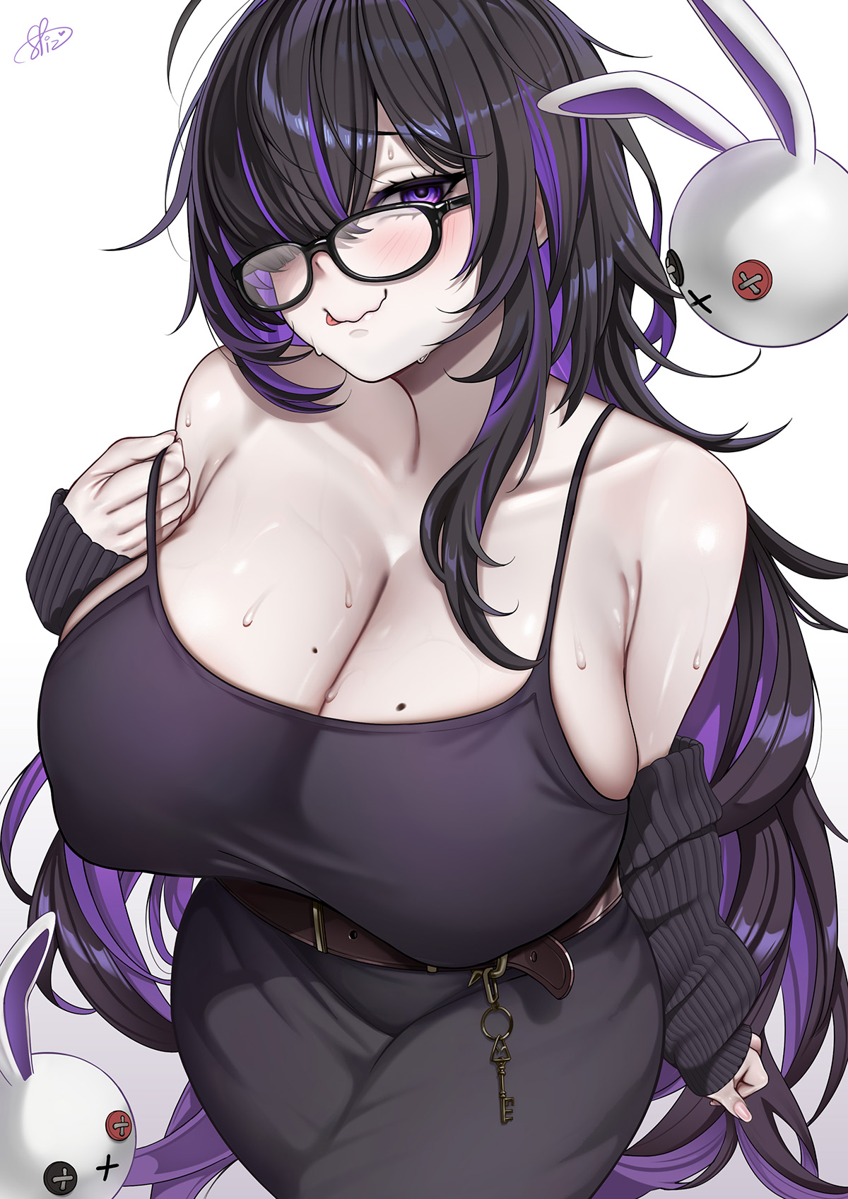 :q, 1girl, armpit crease, belt, black belt, black cardigan, black dress, black hair, black-framed eyewear, blush, breasts, cardigan, cardigan partially removed, closed mouth, colored inner hair, commentary, dress, eyebrows hidden by hair, from above, glasses, gloves, goddess of victory: nikke, gradient background, hair over one eye, hand up, highres, huge breasts, key, label (nikke), long hair, looking at viewer, looking over eyewear, mole, mole on breast, multicolored hair, one eye covered, pale skin, parted bangs, purple eyes, purple hair, raised inner eyebrows, sleeveless, sleeveless dress, solo, spaghetti strap, spiz, strap pull, streaked hair, sweat, tongue, tongue out, variant set, very long hair, wavy mouth