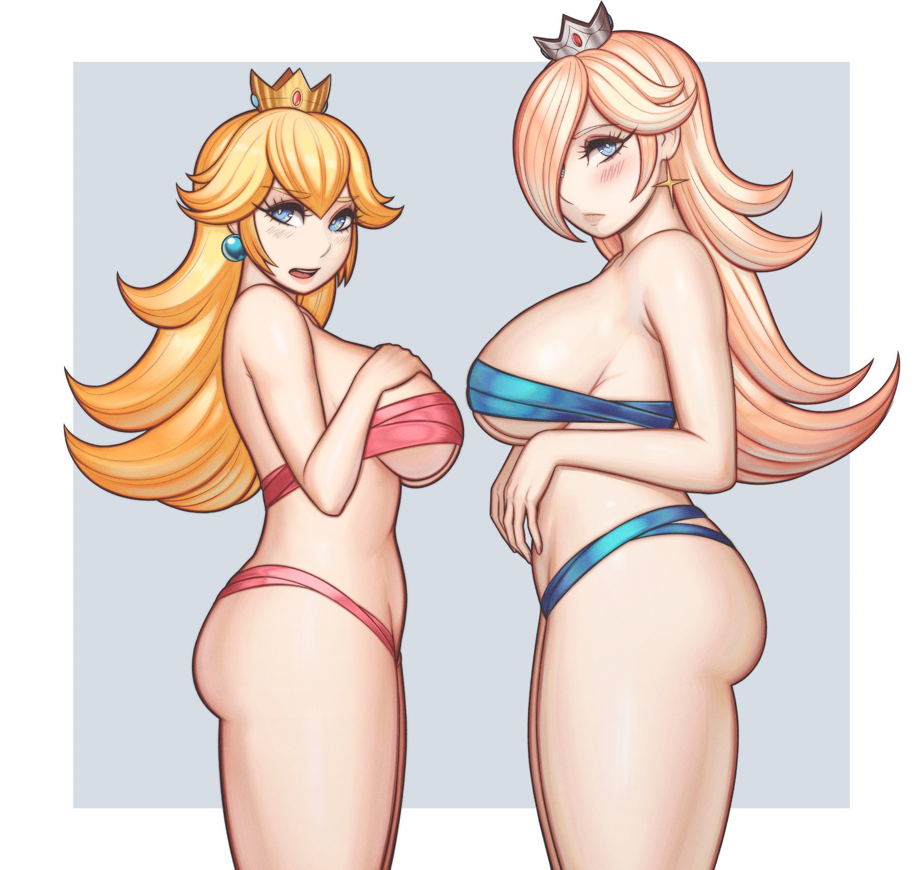 2girls, ass, blonde hair, blue eyes, breasts, female, female only, hair over one eye, light skin, light-skinned female, looking at viewer, mario (series), nintendo, princess peach, princess rosalina, ribbon bra, ribbon panties, ribbons, side view, thick thighs, thighs, vyor