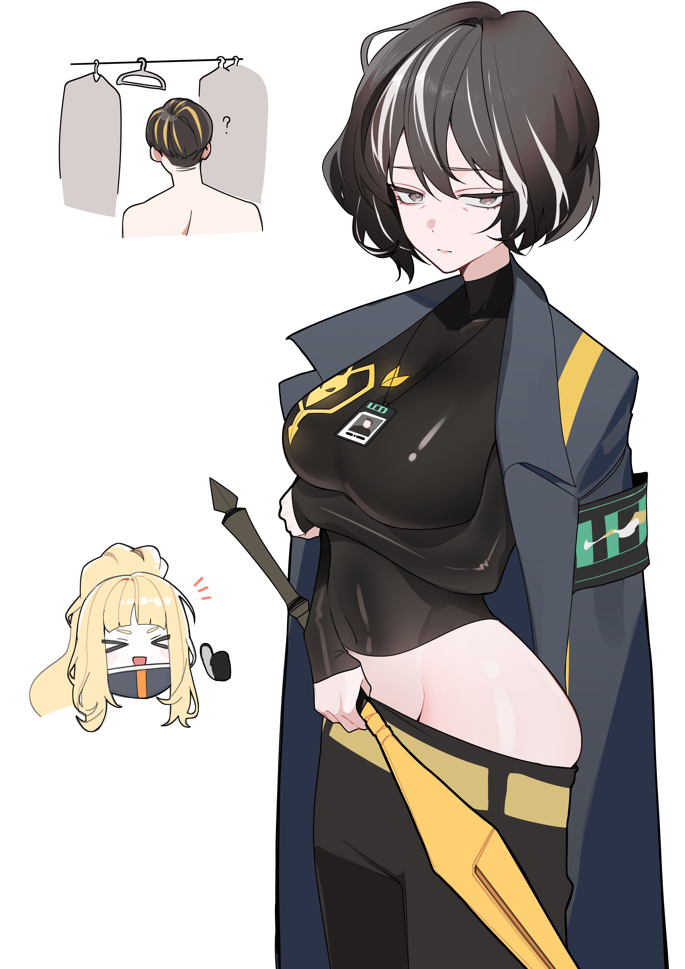 1boy, 2girls, alternate costume, black hair, breasts, brown eyes, clothesline, coat, coat on shoulders, color, cosplay, digital media (artwork), distortion detective, ezra (distortion detective), female, female focus, hips, limbus company, male, mature female, milf, moses (distortion detective), multicolored hair, multiple girls, no visible genitalia, noto12 34, older female, pale-skinned female, project moon, salt and pepper hair, smirking at viewer, source request, thighs, vespa (distortion detective), weapon, white hair
