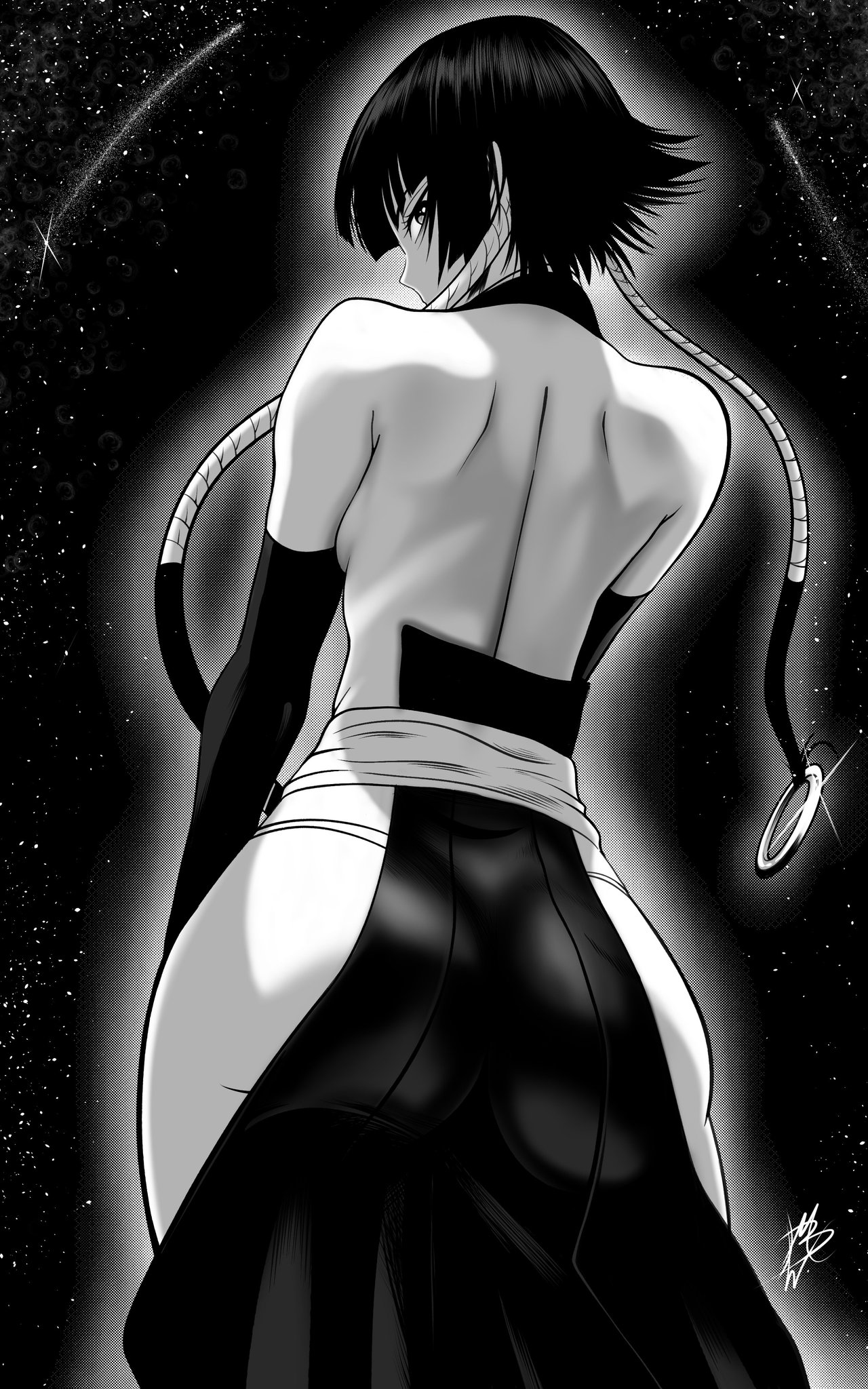 1girls, ass, ass focus, back view, big ass, black and white, black hair, bleach, bleach: the thousand-year blood war, clothed female, curvy, female, female only, from behind, looking back, mostlybluewyatt, shihakusho, soifon, solo, sui-feng