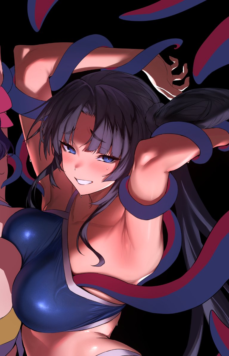 armpits arms_behind_back arms_up black_hair blue_eyes fate/grand_order fate_(series) grope hand_on_head hands_behind_back hands_behind_head highres long_hair looking_at_viewer looking_pleasured molestation revealing_clothes sweat swimsuit tentacle tied_up touching_breast ulrich_(tagaragakuin) ushiwakamaru_(fate) ushiwakamaru_(fate/grand_order) ushiwakamaru_(swimsuit_assassin)_(fate)