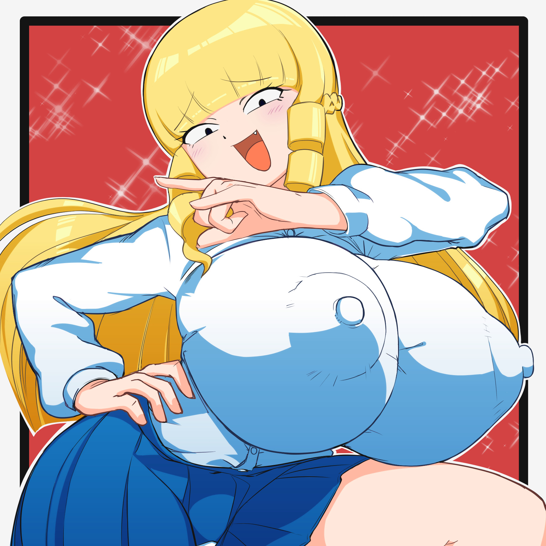 1girls, areola bulge, big breasts, big nipples, blonde hair, breasts, breasts bigger than head, drill hair, fangs, female, female only, huge breasts, huge nipples, kaneda mochiko, kaxiota, large breasts, long hair, looking at viewer, mount celeb kaneda-san, nipple bulge, tagme, thighs, white skin, yellow hair