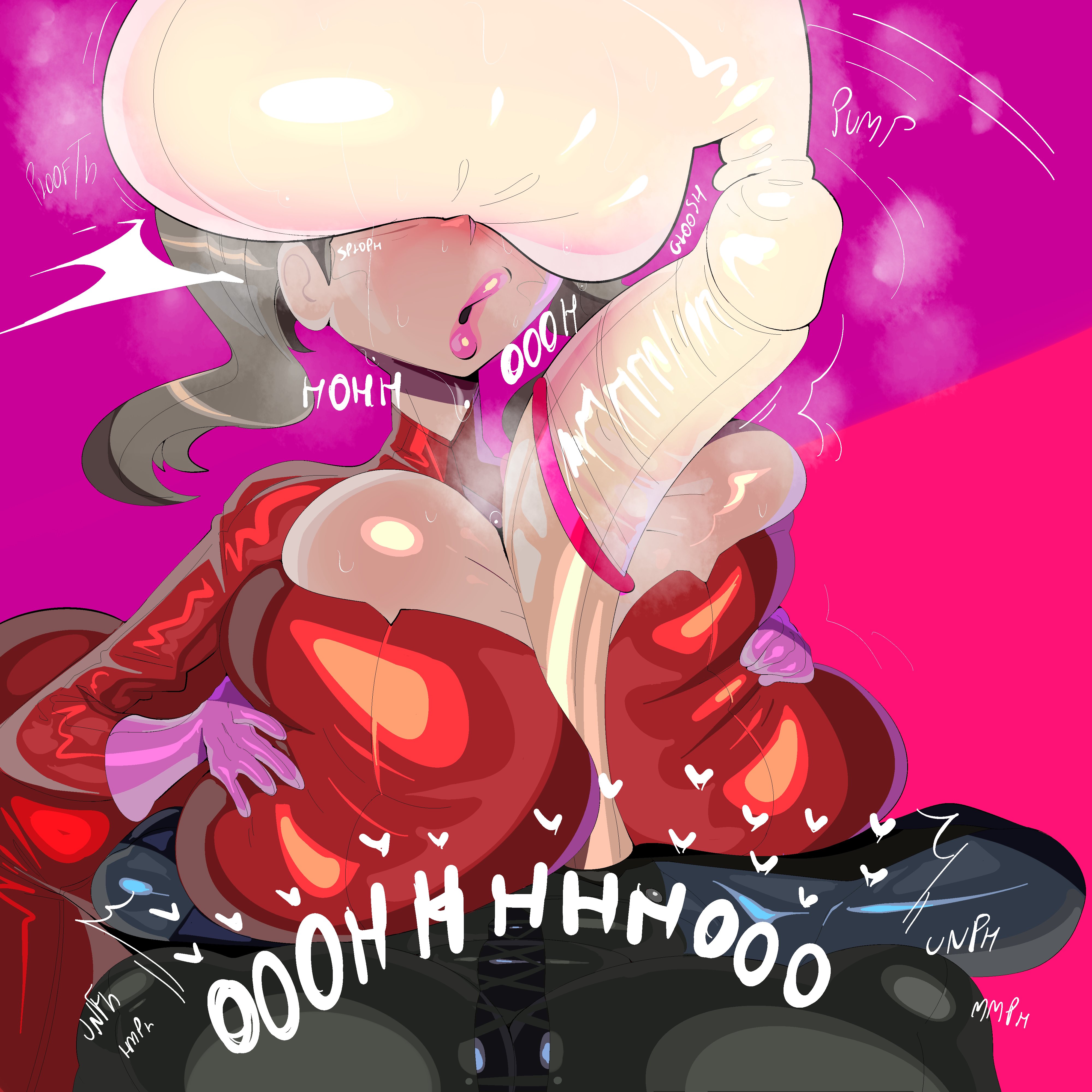 1futa, 1girls, 2d, ann takamaki, atlus, blonde hair, bodysuit, breasts, breasts bigger than head, busty, condom, condom filling, condom on penis, cum, cum in condom, ejaculation, erection, excessive cum, filled condom, futa on female, futa pov, futanari, hung, hung futa, latex, light skin, light-skinned female, light-skinned futa, makoto niijima, paizuri, paizuri lead by female, paizuri on lap, penis, persona, persona 5, pov, sweat, tagme, tayuri, twintails