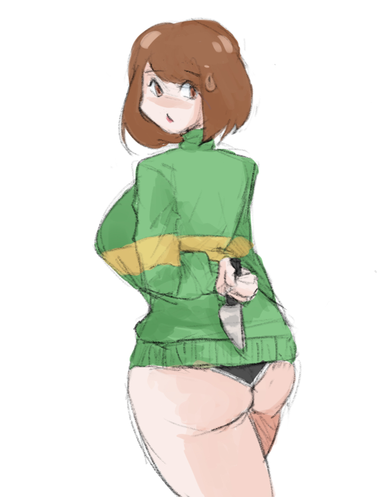 1girls, 2d, back view, big breasts, blush, breasts, brown eyes, brown hair, chara, female, female chara, female only, holding knife, huge breasts, knife, nokagcucumber, sideboob, simple background, solo, solo female, tagme, undertale, undertale (series)