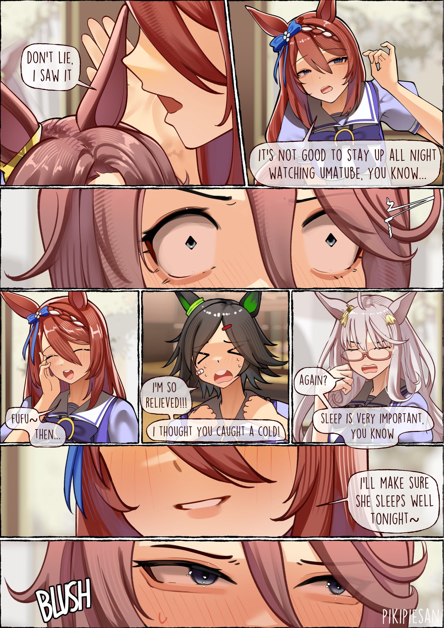 > <, 4girls, ahoge, animal ears, ashenmash, bandaid, bandaid on cheek, bandaid on face, biwa hayahide (umamusume), blurry, blurry background, blush, brown hair, closed eyes, comic, commentary, ear ornament, english commentary, english text, grey hair, highres, horse ears, horse girl, implied yuri, long hair, multiple girls, narita taishin (umamusume), open mouth, sailor collar, school uniform, short hair, summer uniform, super creek (umamusume), sweatdrop, tracen school uniform, umamusume, umamusume pretty derby, white sailor collar, winning ticket (umamusume)