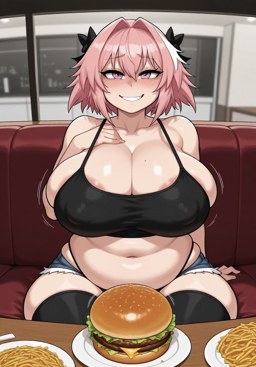 ai_generated astolfo_(fate) belly busty_male chubby chubby_femboy crop_top fate/apocrypha fate_(series) femboy food huge_breasts jessicabreas male_with_breasts midriff pink_eyes pink_hair plump short_shorts solo thick_thighs weight_gain wide_hips