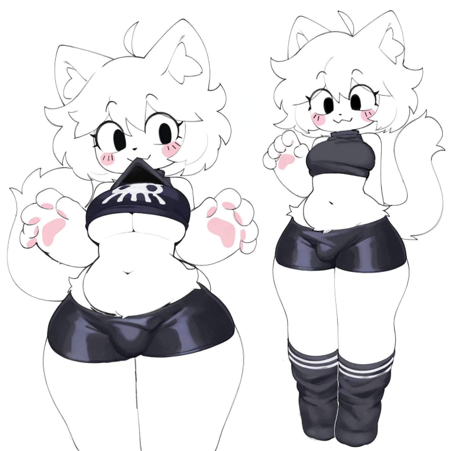 1boy, 2026, 2d, adorable, blush, blushing, boykisser, breasts, bulge, clothed, clothing, cute, exposed midriff, femboy, fur, furry, furry only, hair, medium breasts, meme, multiple images, original, original character, paws, shirt lift, shorts, silly cat (mauzymice), socks, solo, tail, thick thighs, trans woman, tummy, underboob, white background, white body, white fur, white hair, wide hips
