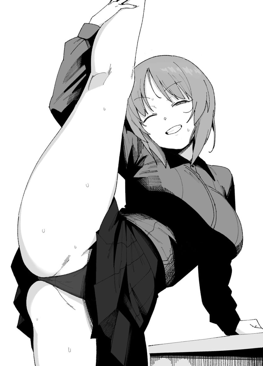 1girls, 2d, 2d (artwork), anime, arm support, black and white, black panties, breasts, collared shirt, cowboy shot, crotch, crotch seam, dot nose, flexible, girls und panzer, grayscale, grin, half-closed eyes, hand on leg, henyaan (oreizm), highres, holding leg, kneepits, kuromorimine military uniform, leg lift, leg up, looking at viewer, miniskirt, monochrome, nishizumi miho, one eye closed, panties, pantyshot, parted bangs, parted lips, pleated skirt, school uniform, schoolgirl, schoolgirl uniform, shirt, short hair, simple background, skirt, smiling, smiling at viewer, solo, solo female, splits, spread legs, standing on one leg, standing split, sweat, sweatdrop, tagme, thighs, underwear, white background, wide spread legs, wink, winking at viewer