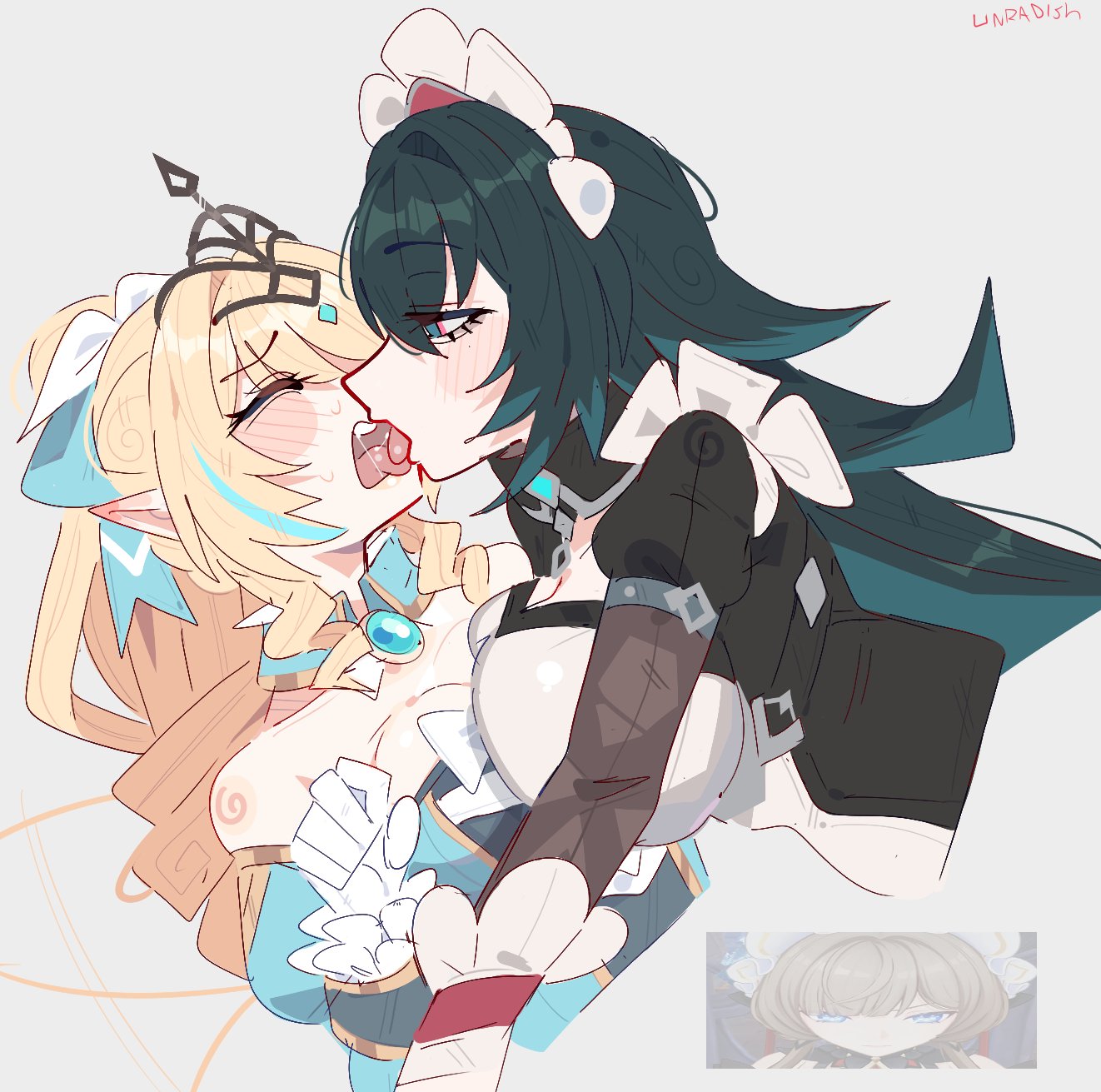 2girls, 3girls, bangs, big breasts, blonde hair, blush, breast size difference, breast to breast, breastmogging, breasts bigger than head, curls, danica (genshin impact), embarrassed, fancy clothing, female/female, fully clothed, fully clothed female, genshin impact, green hair, kissing, large breasts, long hair, long ponytail, maid, maid headdress, ponytail, sandrone (genshin impact), sloppy, sloppy kiss, small breasts, sweatdrop, sweating, unfamousradish, vesna (genshin impact), yuri
