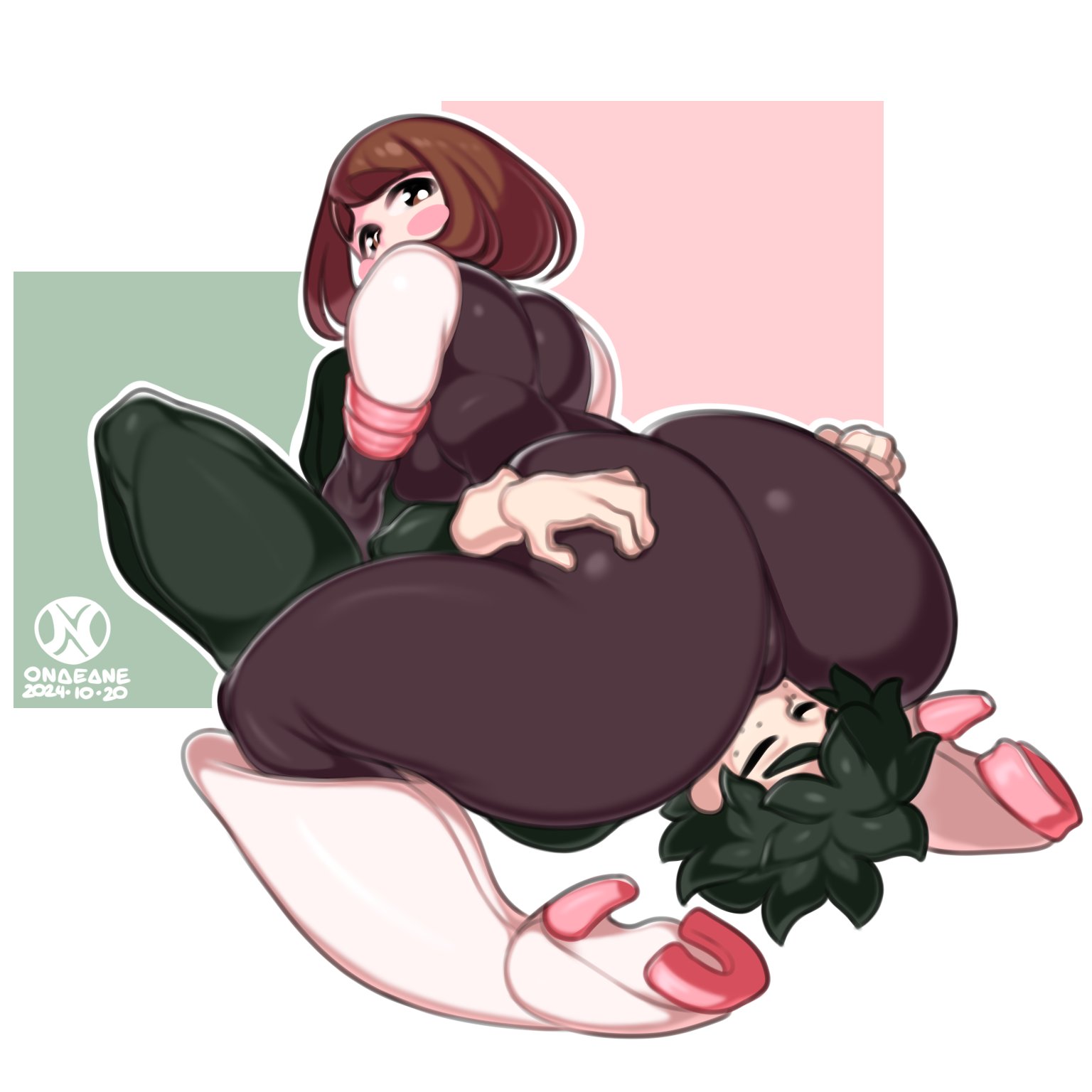 1boy, 1girls, artist logo, artist signature, blush, blushing, bodysuit, boku no hero academia, boots, brown eyes, brown hair, closed eyes, clothing, gloves, green hair, heels, hero outfit (mha), izuku midoriya, my hero academia, ochako uraraka, onaeane, short hair, sideboob, simple background, white skin