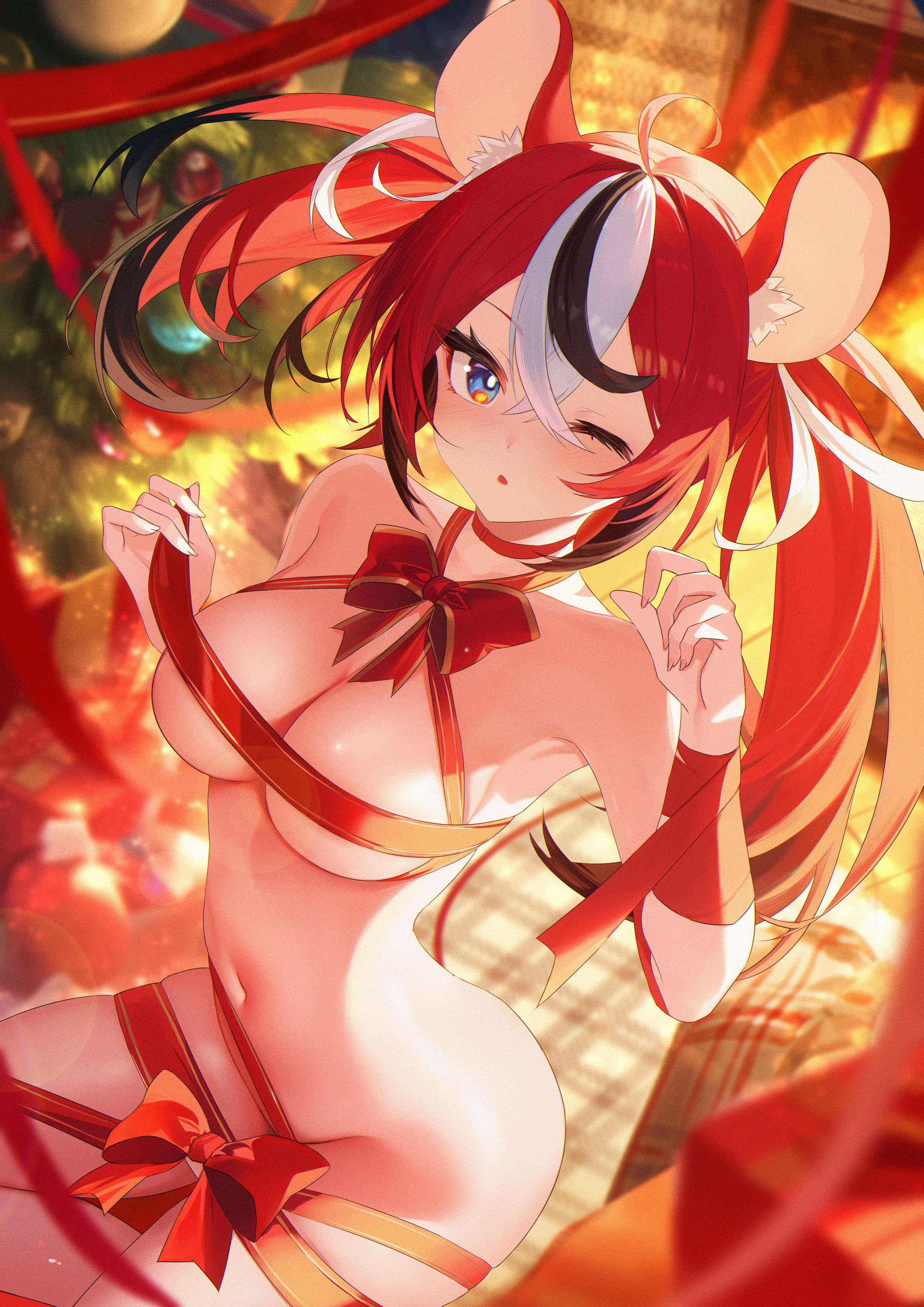 1girls, animal ears, bare shoulders, belly button, black hair, blue eyes, blush, breasts, choker, christmas, christmas present, female, female only, hakos baelz, high resolution, highres, hololive, hololive english, jiang ye kiri, jygfams, kneeling, leaning forward, long hair, looking at viewer, medium breasts, mostly nude, multicolored hair, nude, nude female, one eye closed, open mouth, red hair, ribbon, ribbon bondage, ribbons, solo, stomach, thighs, tied hair, virtual youtuber, white hair