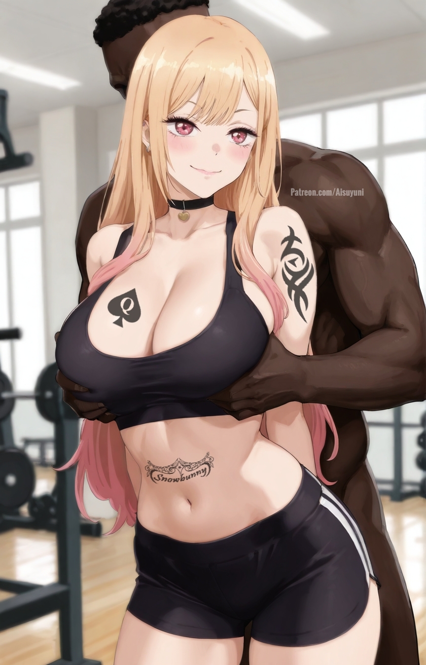 1boy, 1girls, ai generated, aisuyuni, blonde hair, cheating, cheating female, cheating girlfriend, cheating wife, cuckold, cuckolding, dark-skinned male, grabbing, grabbing from behind, gym, interracial, kitagawa marin, marin kitagawa, my dress up darling, netorare, ntr, pink eyes, pink hair, queen of spades, sono bisque doll wa koi wo suru, tattoo, tattoos