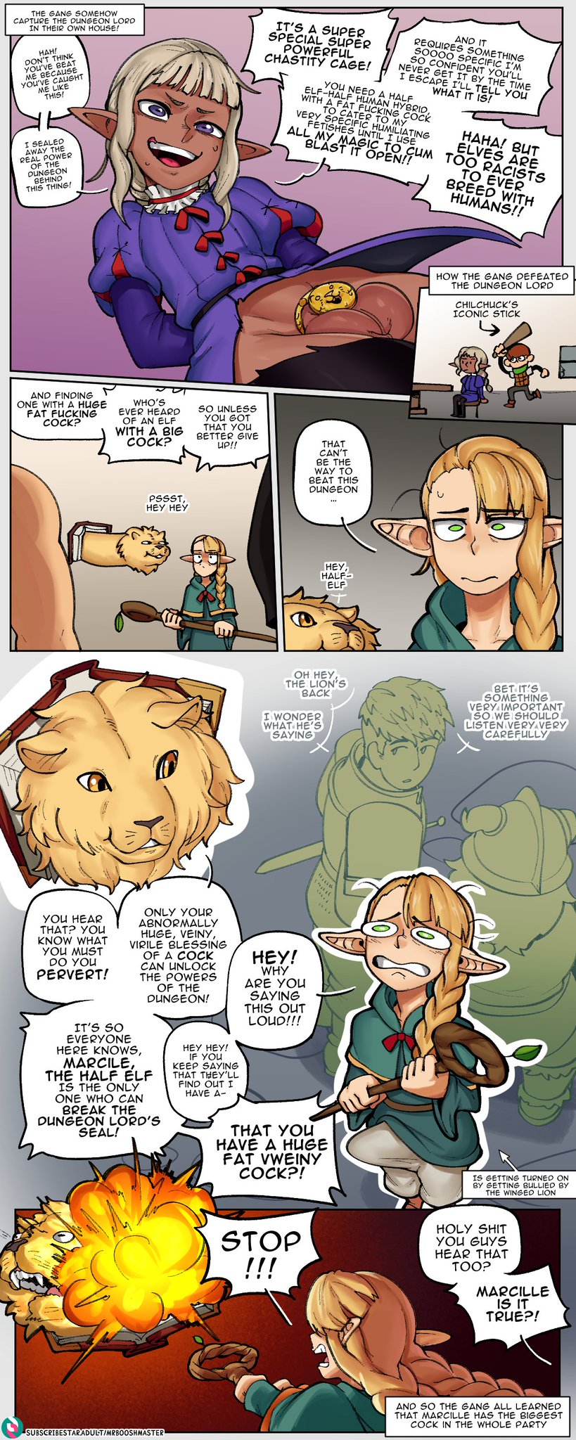 big penis humiliation, chastity cage, dungeon meshi, elf, elf ears, english dialogue, english text, erection, futanari, laios touden, marcille donato, mrbooshmaster, senshi (dungeon meshi), small penis, thistle (dungeon meshi), winged lion (dungeon meshi)