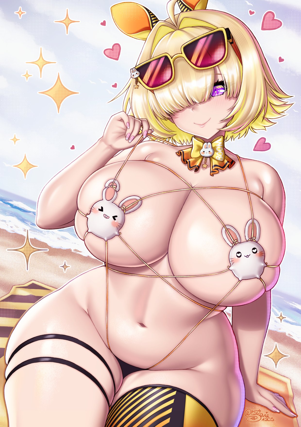 alternate_costume arm_at_side beach beach_mat bikini blush curvy elegg_(nikke) goddess_of_victory:_nikke huge_breasts mat one_arm_up pink_nails plump sevie sitting slightly_chubby smile voluptuous