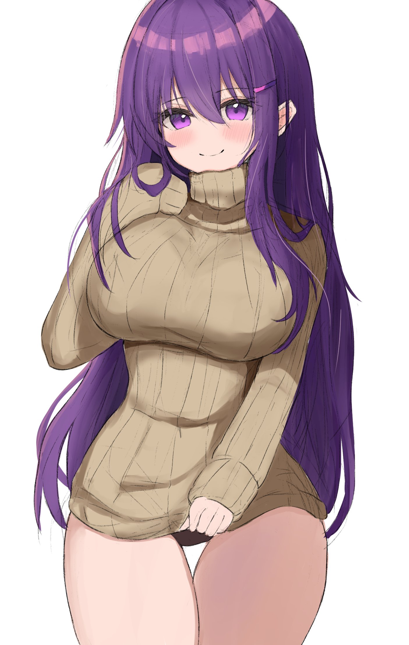 black panties, blank background, doki doki literature club, female, hairclip, lifting shirt, looking at viewer, panties, purple eyes, purple hair, smiling, smiling at viewer, turtleneck, turtleneck sweater, white background, yuri (doki doki literature club)