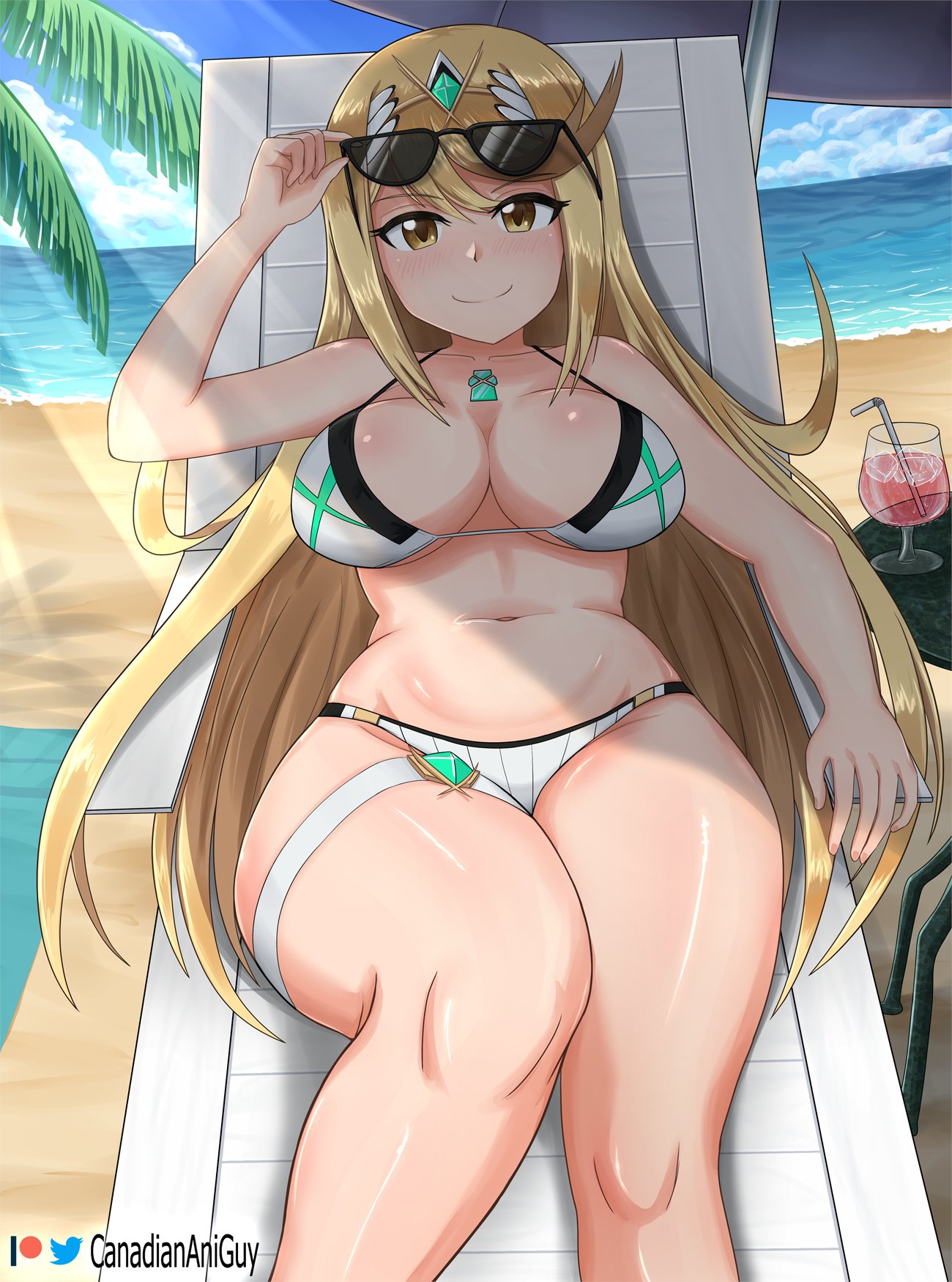 1girls, 2022, artist signature, bangs, beach, bikini, blonde hair, breasts, canadiananiguy, female, female only, gold eyes, hips, huge breasts, long hair, looking at viewer, mythra, nintendo, outdoors, slim waist, smile, sunglasses, sunglasses on head, swept bangs, thick thighs, thighs, tiara, white bikini, wide hips, xenoblade (series), xenoblade chronicles 2