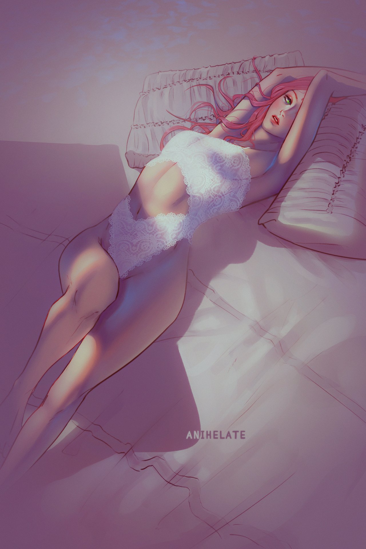 1girls, anihelate, bikini, boruto: naruto next generations, female, female only, green eyes, lace trim, looking at viewer, lying on back, lying on bed, naruto, naruto (series), on back, on bed, pink hair, sakura haruno, sensual, slim waist, solo, solo female