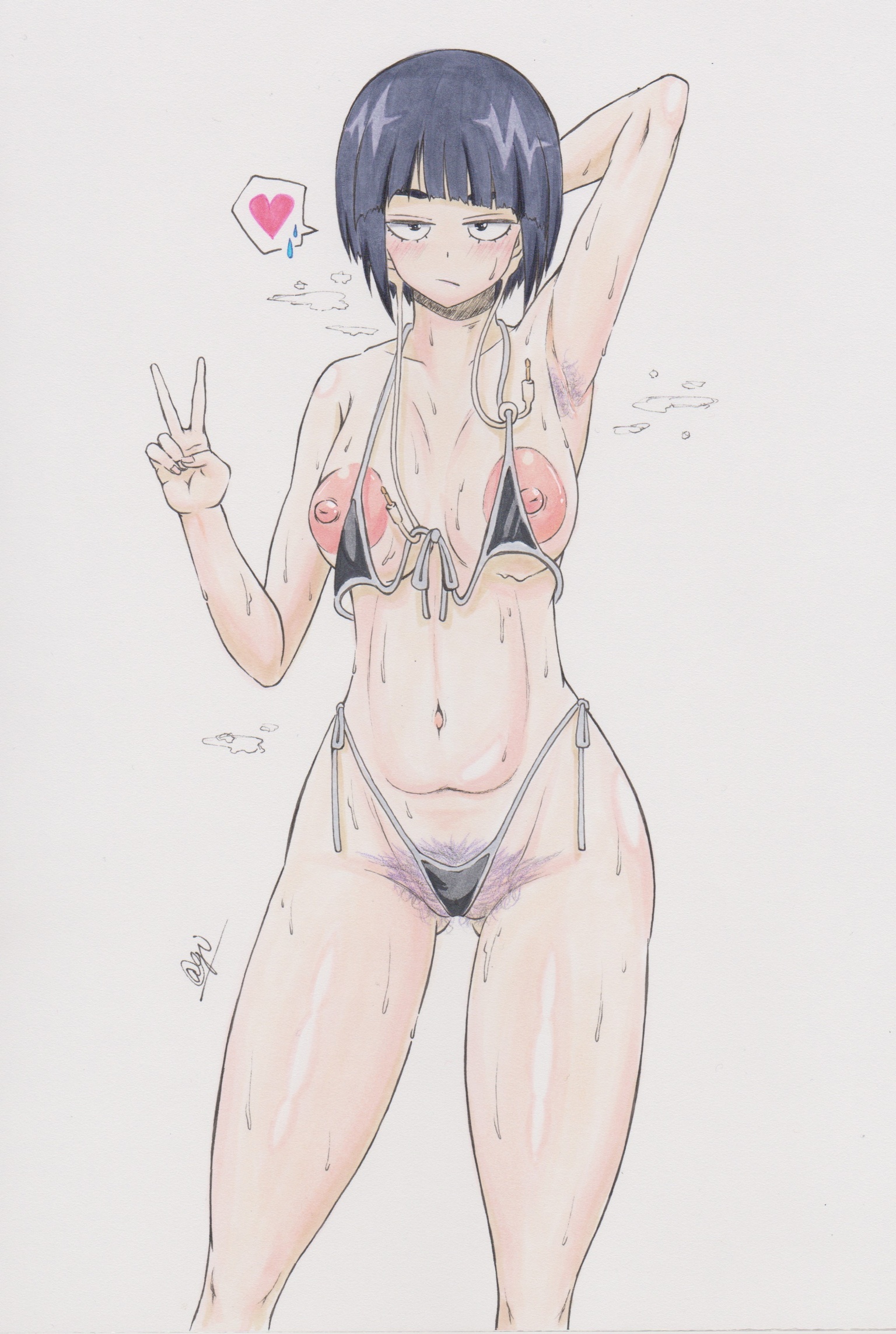 @gi, 1girls, armpit hair, armpits, artist signature, ass visible through thighs, big areola, bikini, bikini top removed, black eyes, blue hair, breasts, collarbone, excessive pubic hair, eyebrows, eyelashes, female, female only, hand behind head, heart, huge areola, jack plug, kyoka jiro, large areolae, my hero academia, navel, nipples, peace sign, pubic hair, puffy areola, short hair, small breasts, standing, steam, steaming body, string bikini, sweat, sweatdrop, sweating, thick eyebrows, thick thighs, thighs, white background