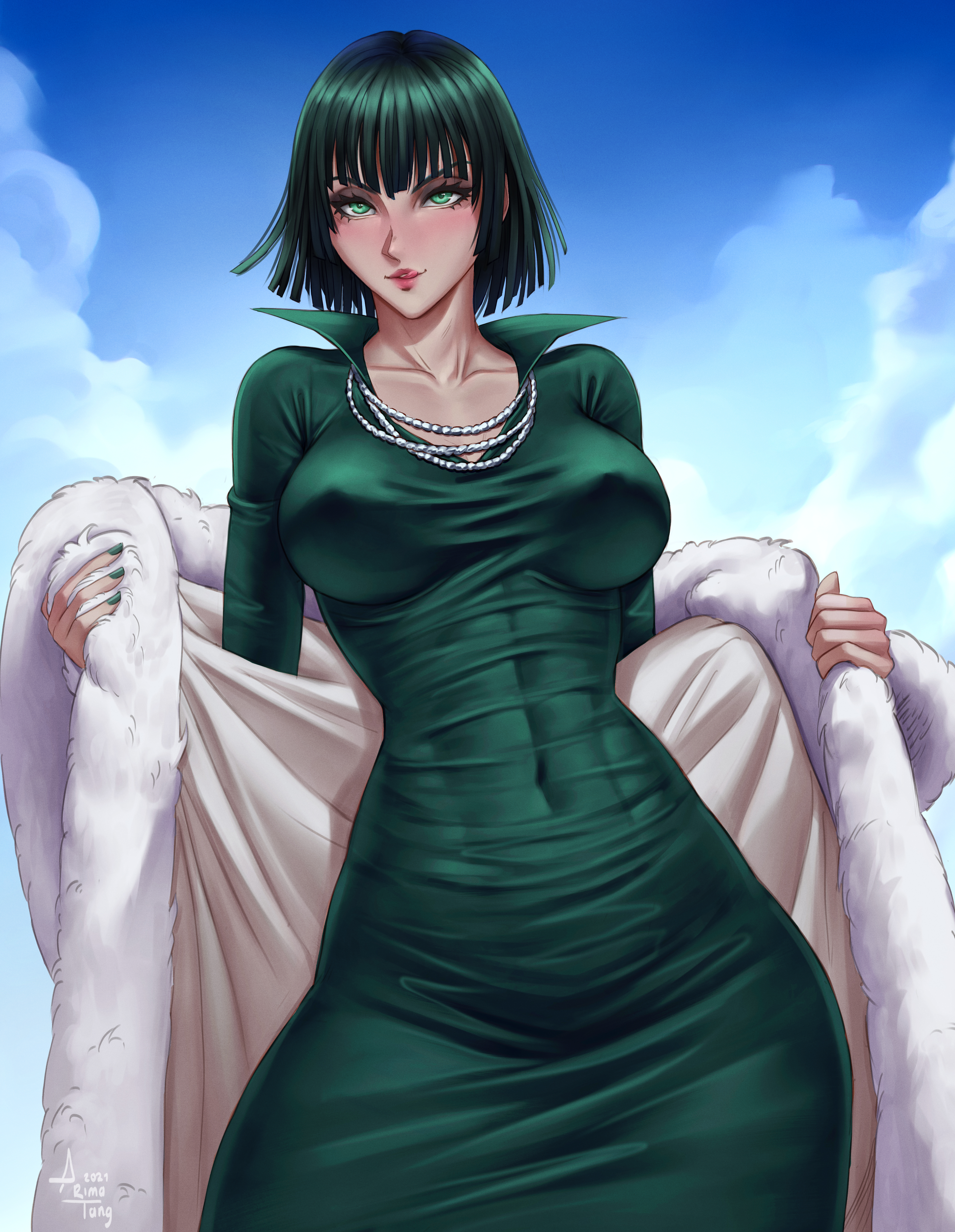 1girls, 2021, 2022, 2d, 2d (artwork), absurd res, arimatang, artist name, bangs, belly, belly button, big breasts, blue sky, blush, bob cut, breasts, busty, clothed, clothing, coat, collarbone, covered breasts, covered navel, covered nipples, cowboy shot, curvaceous, curvy, curvy female, curvy figure, dark green hair, dark hair, dress, erect nipples, esper, eye contact, eyelashes, eyeshadow, female, female focus, female only, fringe, front view, fubuki (one-punch man), fully clothed, fur coat, green eyes, green hair, green nails, heroine, highres, hips, hourglass figure, human, human only, jewelry, licking lips, light skin, light-skinned female, lips, lipstick, long sleeves, looking at viewer, makeup, medium hair, nail polish, nails, navel, necklace, nipple bulge, nipples, one-punch man, open clothes, open coat, pose, presenting, psychic, questionable, red lips, red lipstick, seducing, seductive, seductive eyes, seductive look, seductive mouth, seductive smile, sfw, short hair, sky, slim, slim waist, solo, solo female, standing, stomach, teasing, thick, thick thighs, thighs, thin waist, tight clothing, tight dress, toned, toned body, toned female, toned stomach, tongue, tongue out, voluptuous, waist, wide hips