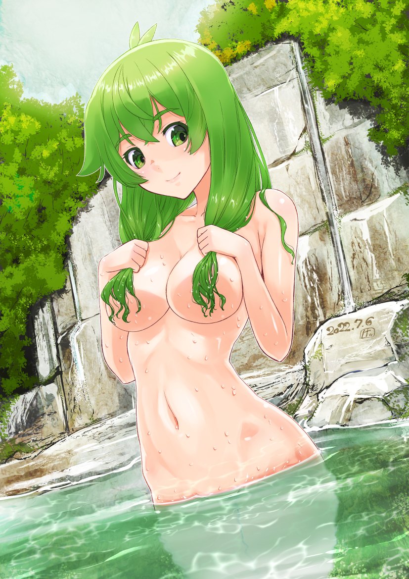 bangs breasts closed_mouth collarbone completely_nude cowboy_shot day dutch_angle female green_eyes green_hair hair_over_breasts kei_jiei long_hair looking_at_viewer navel nude nude_female onsen outdoors partially_submerged sanae_kochiya smile solo standing touhou tree water wet